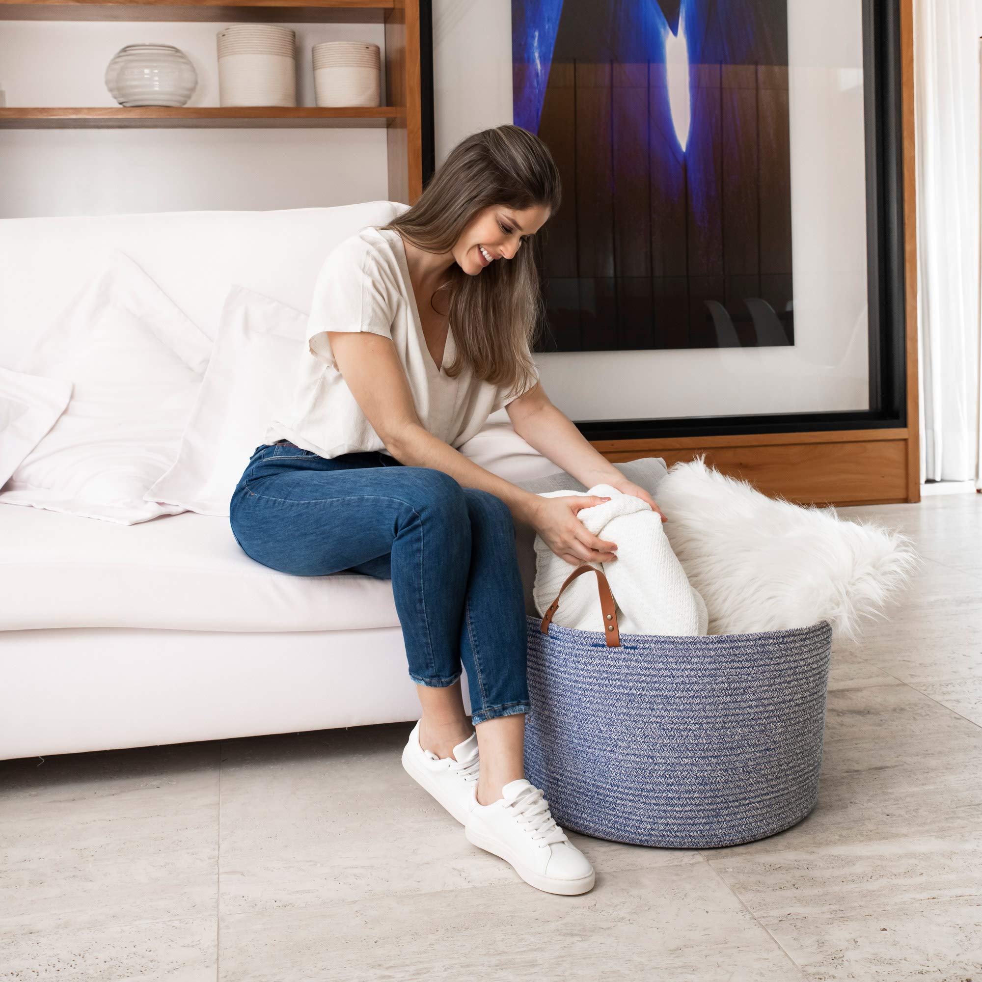 OrganiHaus Large Woven Cotton Rope Basket with Handles - 20x13 Inches, Boho Style Storage Basket for Blankets, Toys, Laundry & Shoes | Perfect for Living Room, Nursery, Entryway & Bedroom Organization | Blue Home Decor Storage Solution