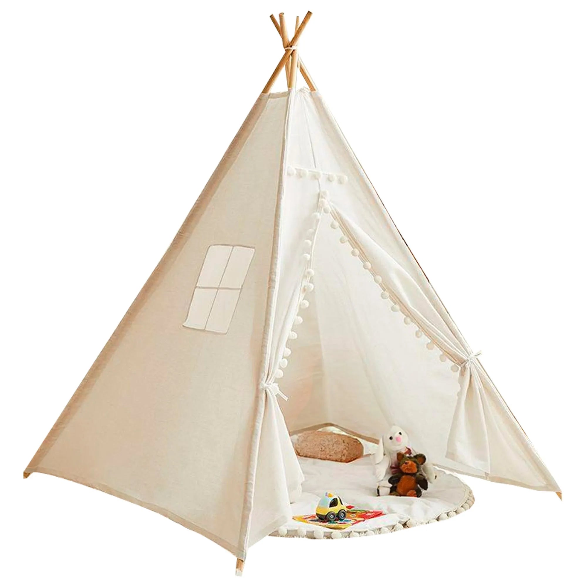 Large Foldable Kids Canvas Teepee Play Tent with LED Lights - White | Indoor Outdoor Playhouse for Children's Reading Nook, Camping Pretend Play & Birthday Party Decor