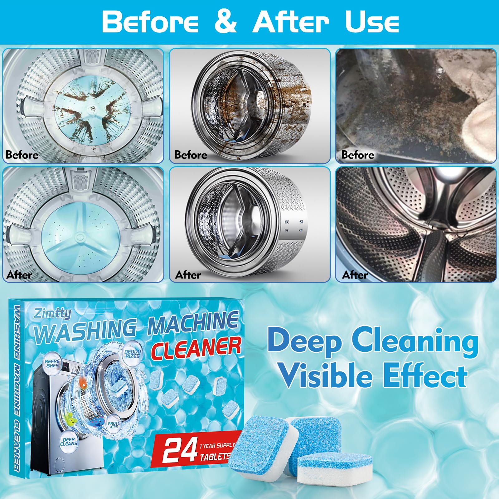 Zimtty Washing Machine Cleaner Tablets - 24 Pack | Deep Cleaning for HE Front Load & Top Load Washers | Removes Odor, Mold & Residue | Perfect for Laundry Maintenance & Appliance Care