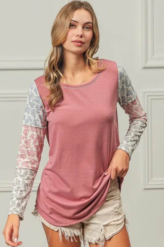 BiBi French Terry Paisley Triblend Color Block Sweatshirt - Soft & Stylish Women's Pullover for Casual Wear & Lounge Outfits