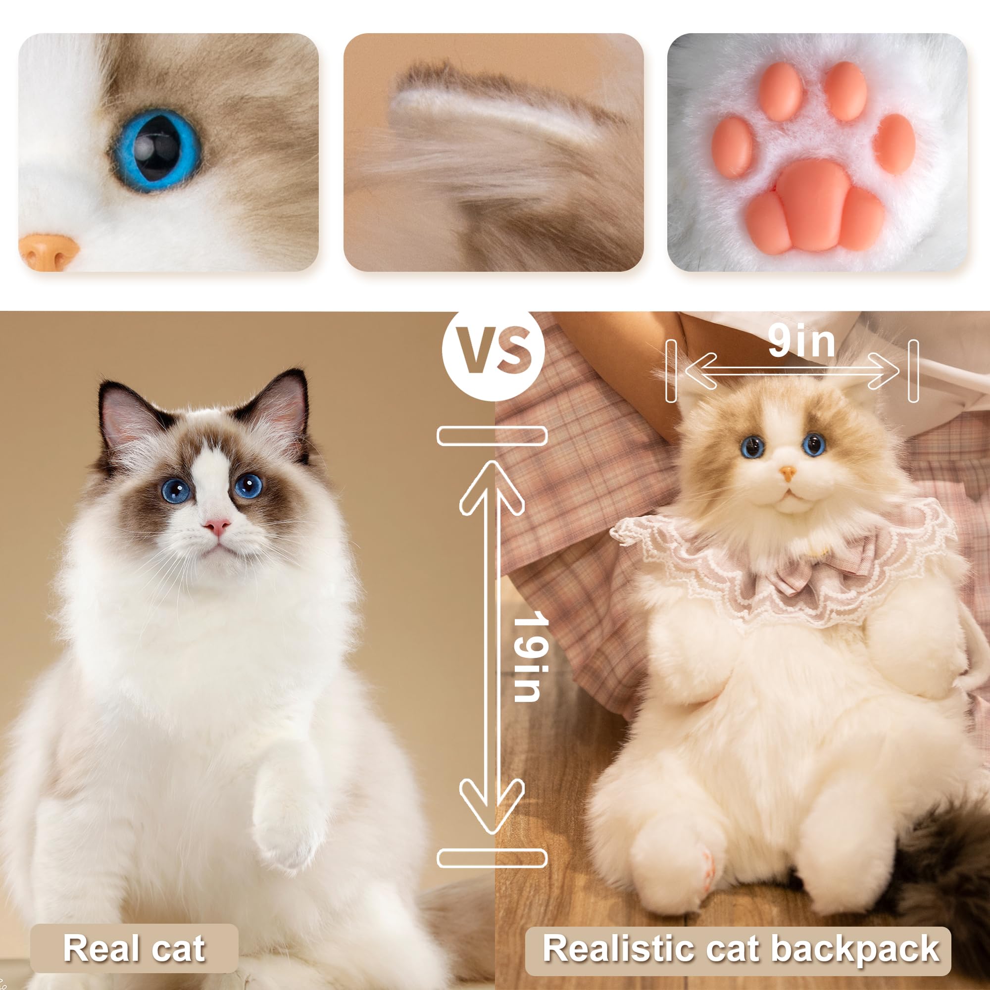 Chongker Stuffed Cat Backpack - Realistic Ragdoll Plush Backpack for Women & Kids, Handmade Cute Animal Shaped Purse, Perfect Gift for Birthday, Anniversary & Daily Use | School, Travel, Cosplay Accessory