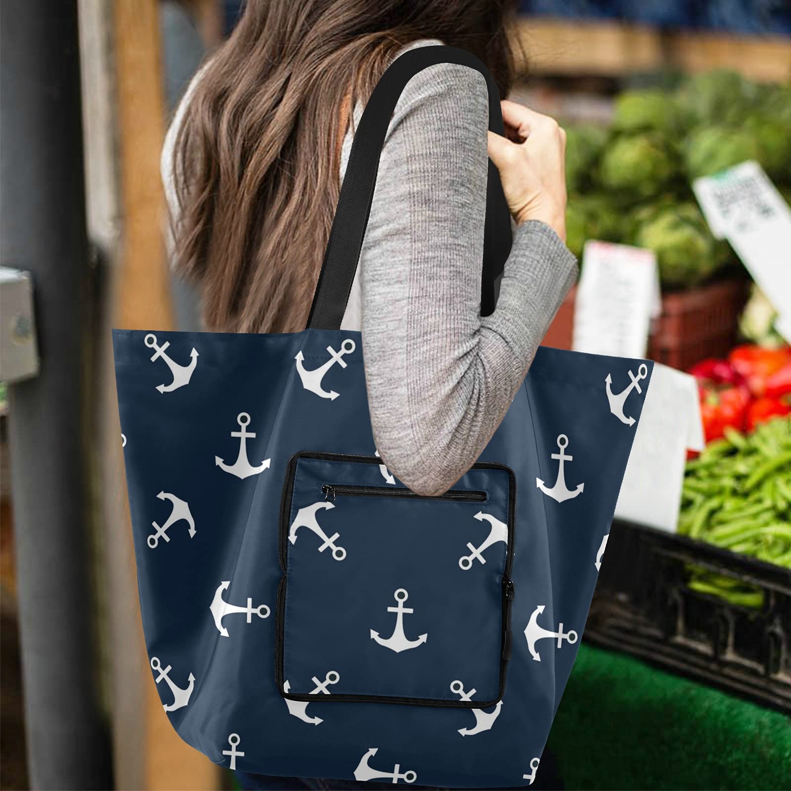 ALAZA Ocean Anchor Nautical Blue Large Reusable Tote Bag - Foldable Lightweight Grocery Shopping Bag with Handles for Women, Beach, Picnic, Travel & Outdoor Activities