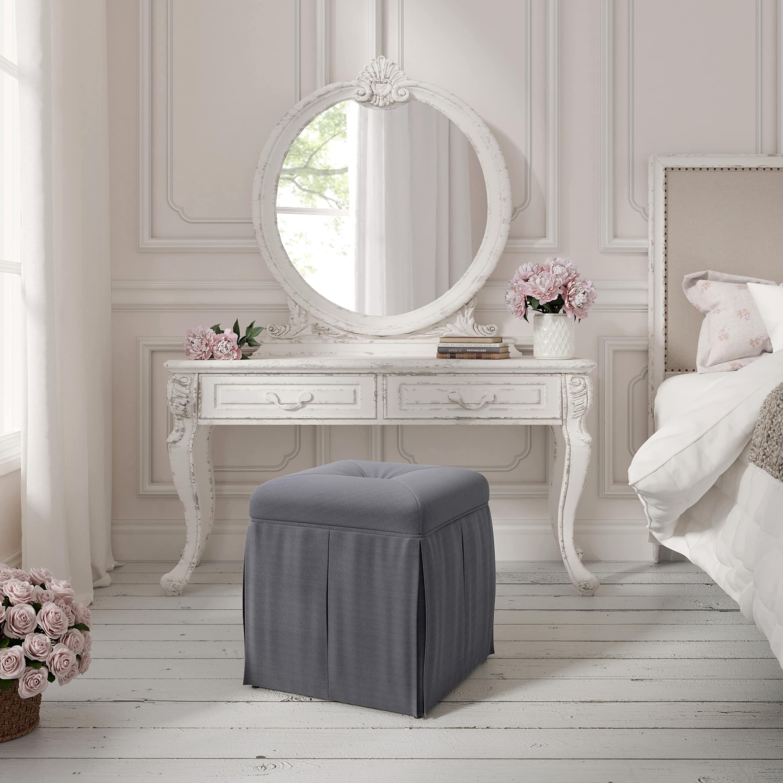 Shabby Chic Dark Grey Linen Slipcover Tufted Square Storage Ottoman for Bedroom & Living Room - Perfect for Extra Seating, Footrest, and Hidden Storage Organization