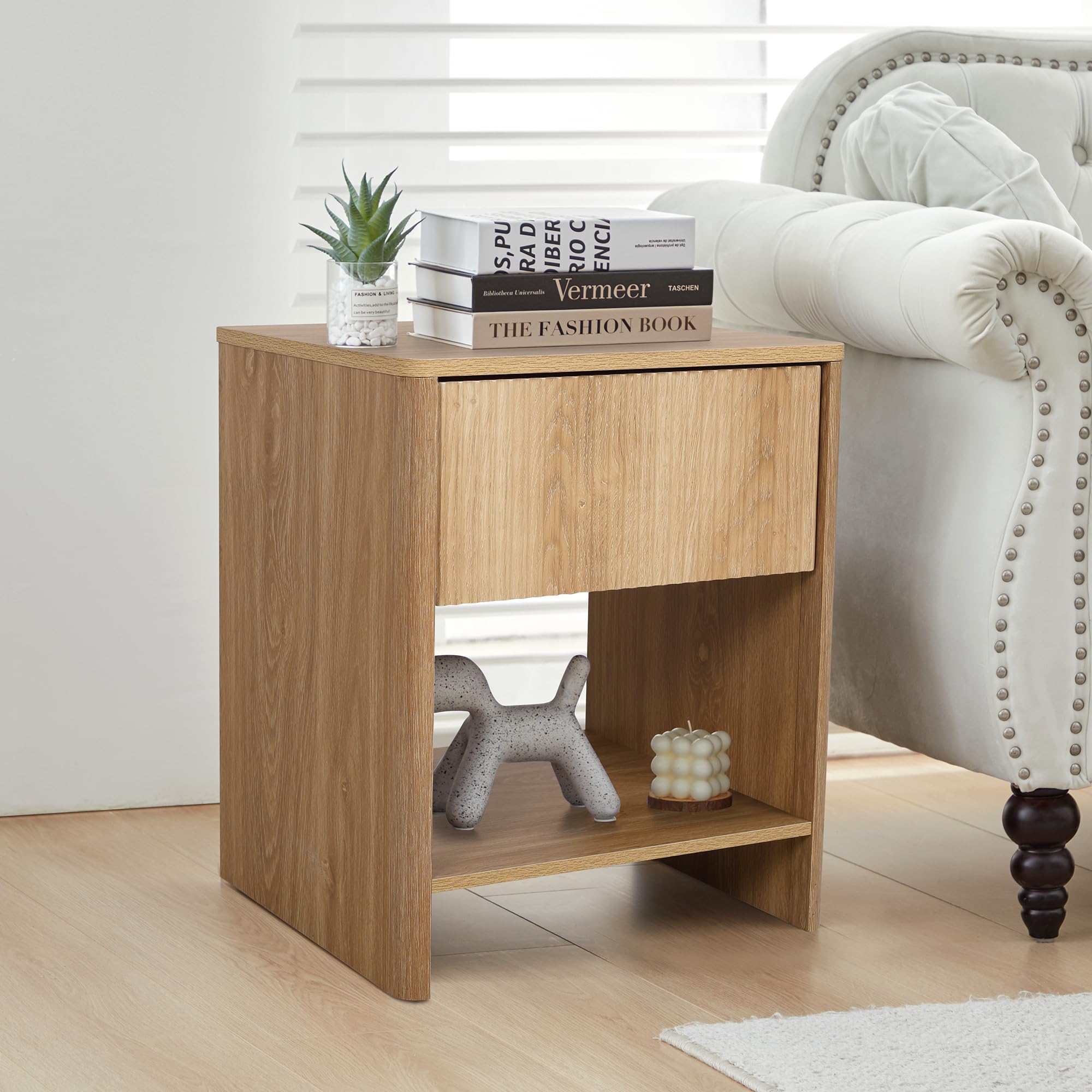 Modern Boho Nightstand Set of 2 with Drawer - Wood Fluted Cabinet Bedside Tables with Storage for Small Spaces - Perfect for Bedroom, Living Room & Apartment Decor
