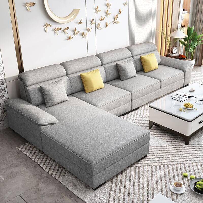 L-Shaped Grey Hydrophobic Sofa Chaise Lounge Set - 3-Piece Left-Facing Sectional with Recessed Arms & Chaise - Perfect for Living Rooms, Family Rooms and Small Spaces