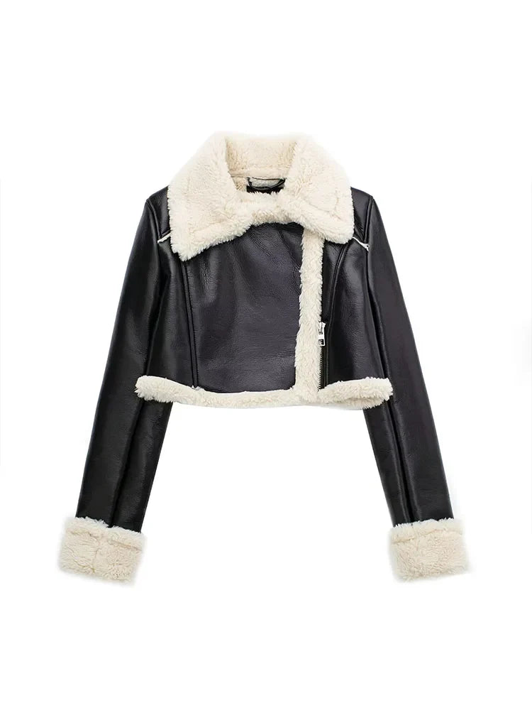 2023 Women's Faux Shearling Cropped Jacket - Vintage Long Sleeve Zip Front Coat, Warm Winter Outerwear for Women | Casual Street Style, Date Night, Office Wear