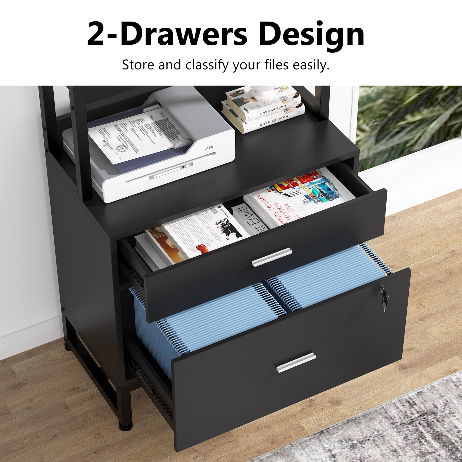 2-Drawer Vertical File Cabinet with Open Shelves - Compact Office Storage for Documents & Supplies | Perfect for Home, Office & Small Business Organization