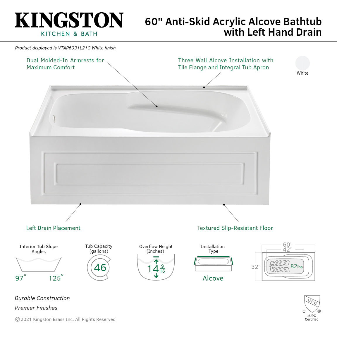 Aqua Eden VTAP6031L21C 60-Inch Acrylic Rectangular 3-Wall Alcove Bathtub with Anti-Skid Surface, Left-Hand Drain, Glossy White – Perfect for Modern Bathrooms, Spa-Like Relaxation, and Small Space Solutions