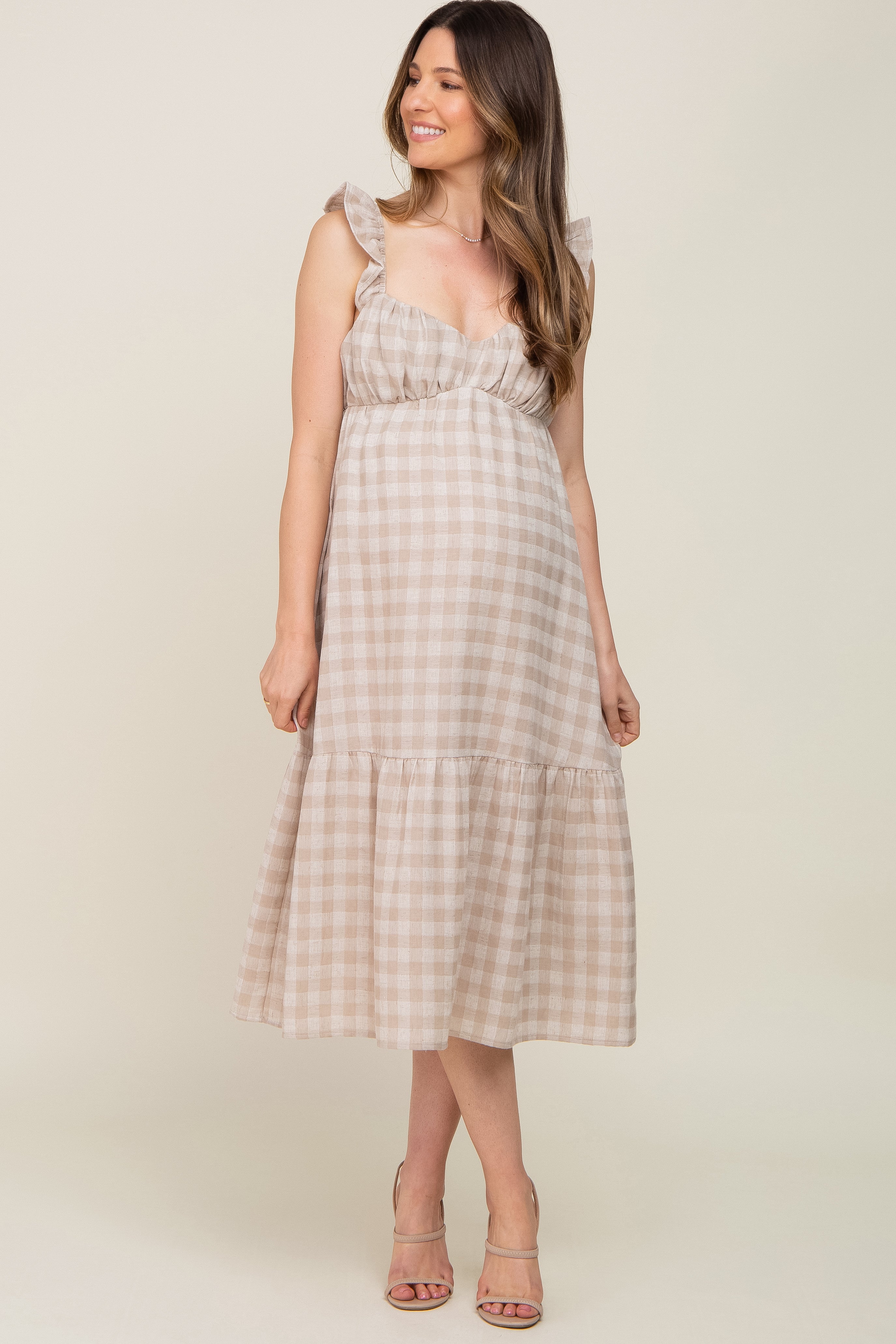 Beige Checkered Linen Maternity Dress - Sweetheart Neckline with Ruffle Straps, Flowy Midi Length for Pregnancy & Nursing | Perfect for Baby Showers, Maternity Photos & Summer Outings