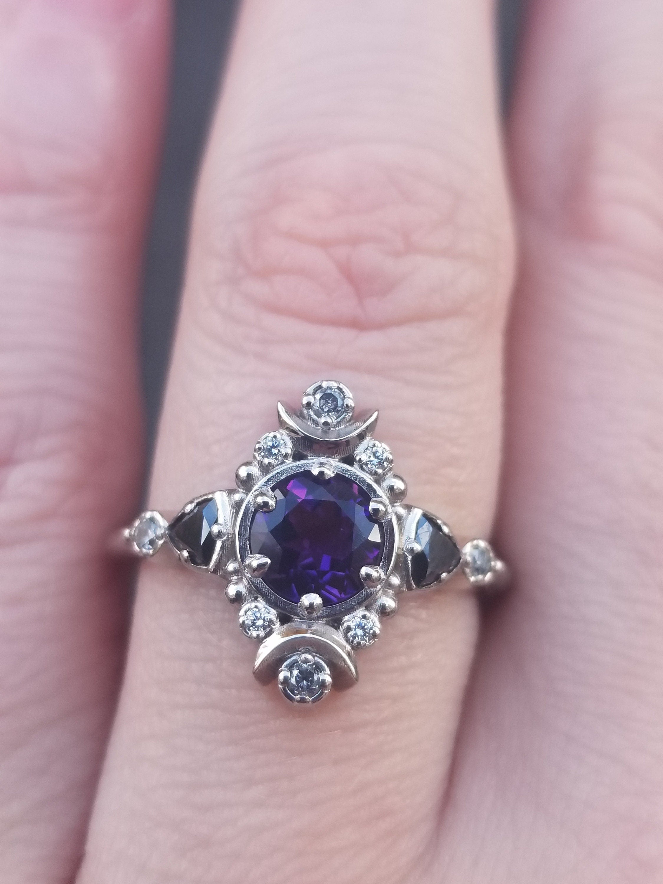 14k Palladium White Gold Amethyst Moon Empress Engagement Ring Set with Black Diamond Trillions | Size 6 & 8 | Ready to Ship | Perfect for Proposals, Weddings & Anniversary Gifts