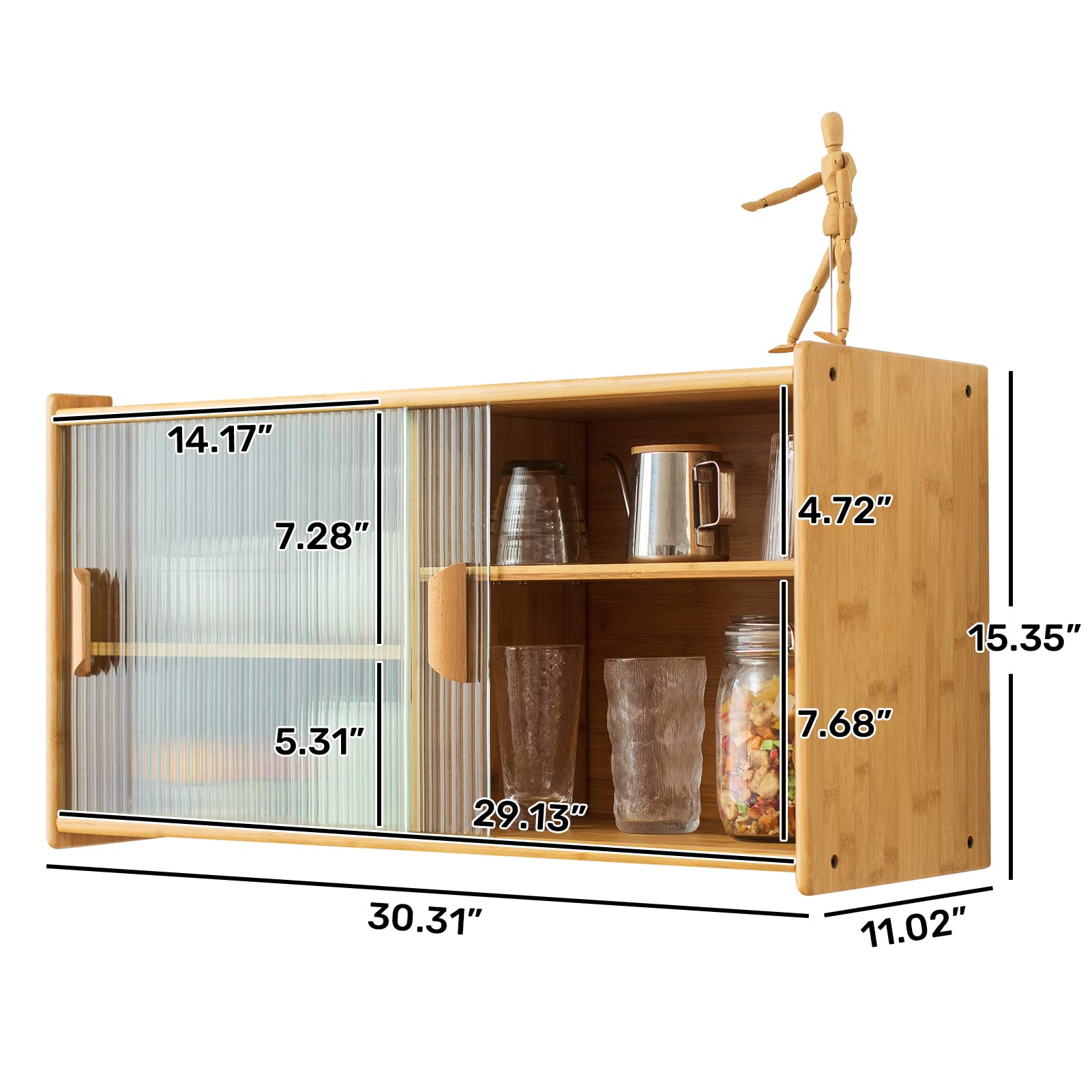 HollyHOME Small Bamboo Wall Mounted Kitchen Pantry Cabinet with 2 Doors - Coffee Bar & Wine Storage Organizer for Liquor Bottles, Glasses, Dishes - Perfect for Dining Room, Kitchen, Bar or Entryway Storage Solution