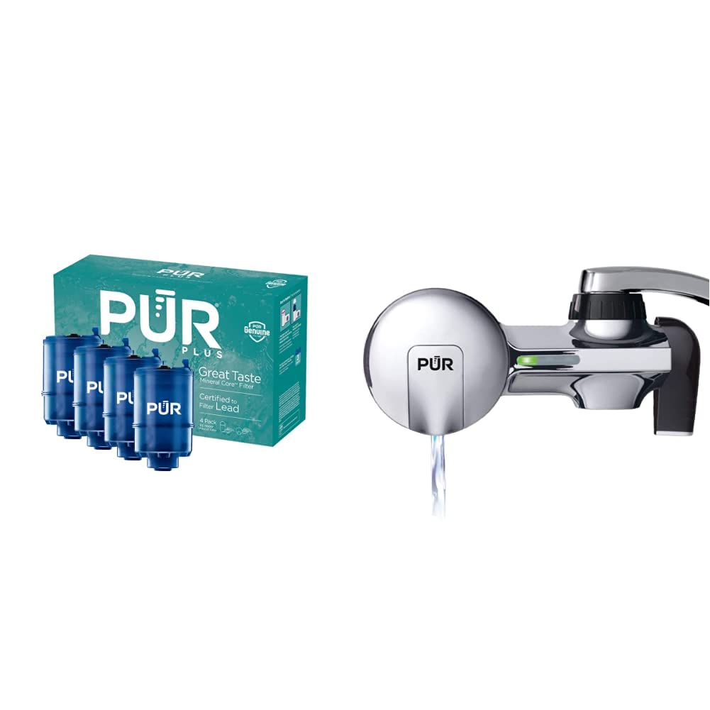 PUR PLUS Mineral Core Faucet Mount Water Filter Replacement (4 Pack) & PLUS Faucet Mount Water Filtration System with Bluetooth - Chrome Horizontal Faucet Filter for Clean, Refreshing Drinking Water | Perfect for Kitchen Sink, RV, Office & Home Use