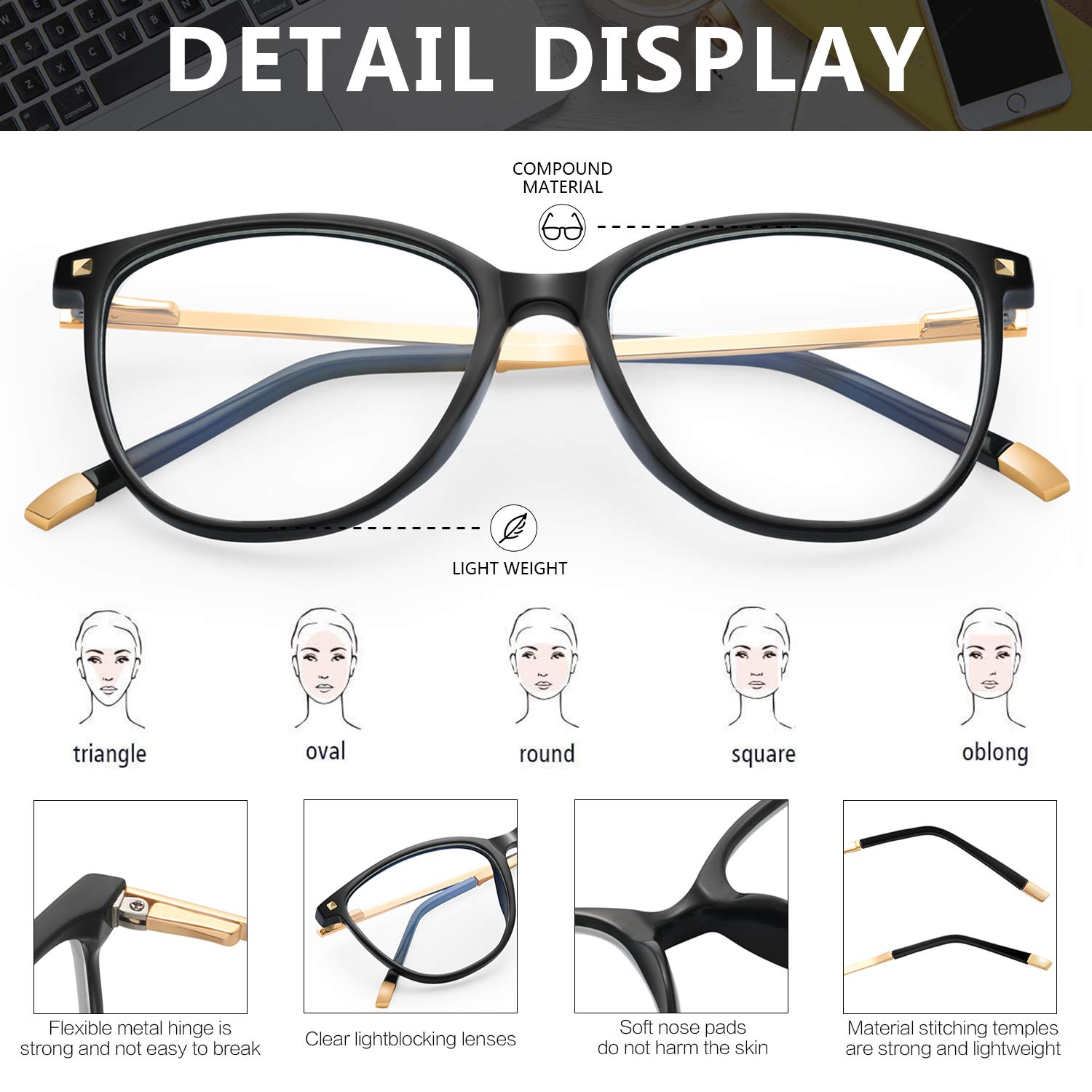 Blue Light Blocking Glasses for Women & Men - Anti Eye Strain Computer Gaming Glasses, Non-Prescription Reading Glasses for Gamers & Office Workers - Reduce Digital Eye Fatigue for Screen Time, Gaming & Studying