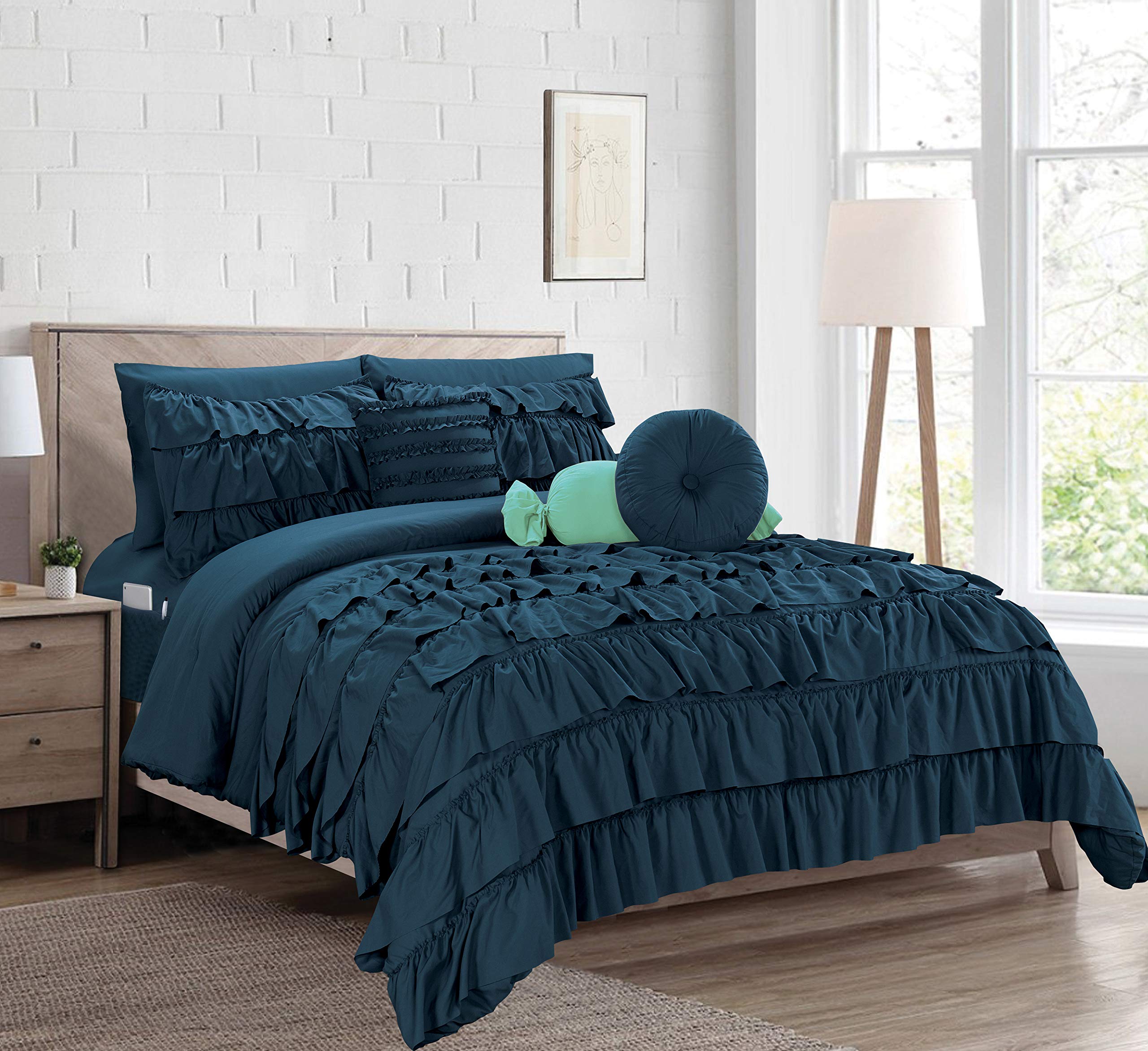 Luxurious 10-Piece Bed in a Bag Comforter Set - Softest & Coziest King/Cal King Size, Includes Bed Sheets & Multi-Ruffle Design in Navy Blue | Perfect for Master Bedroom, Guest Room & Cozy Home Decor