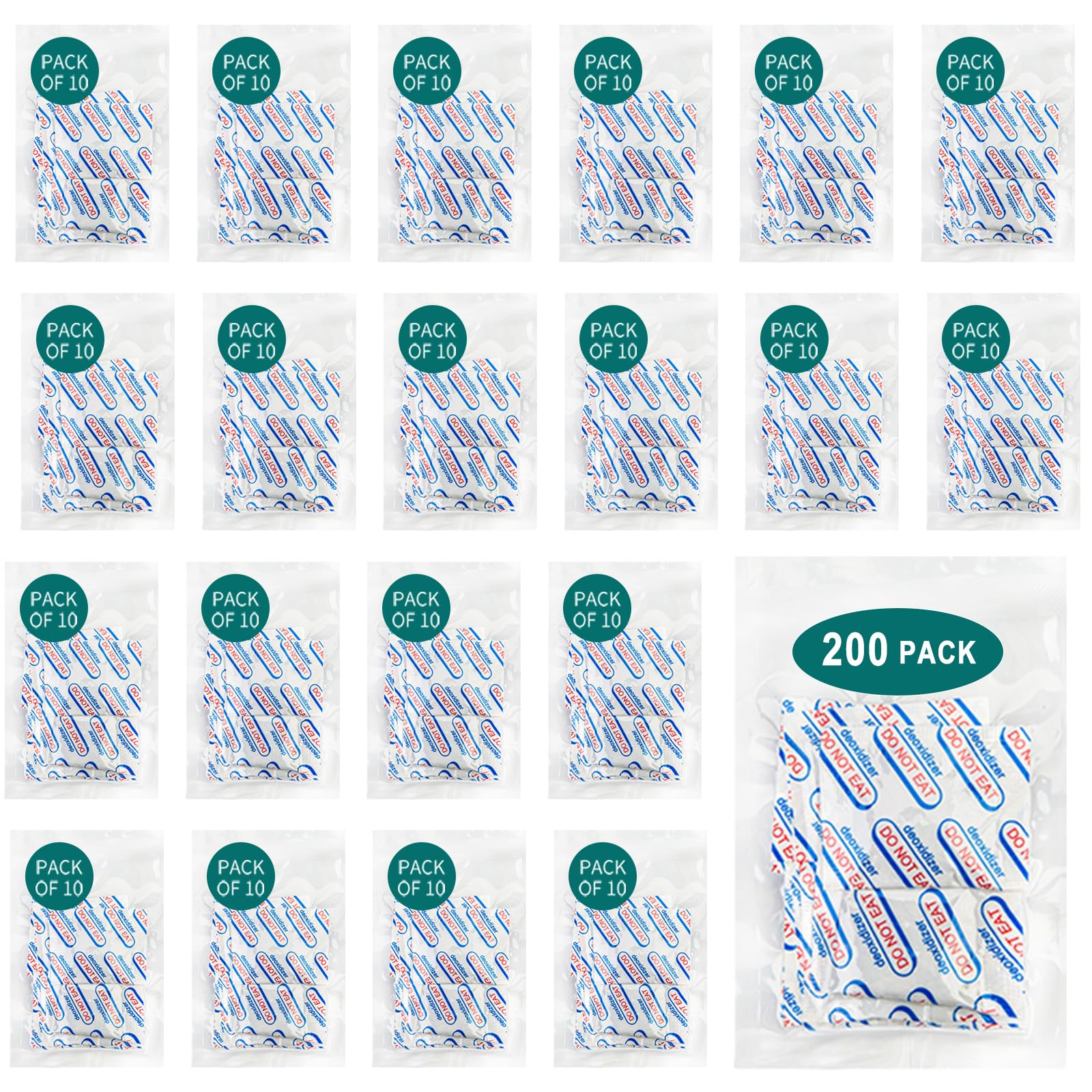 200 Packs 100CC Food Grade Oxygen Absorbers (10 Packs x 1 Vacuum Bag) - Extend Shelf Life for Dry Foods, Nuts, Grains & Spices | Perfect for Long Term Food Storage, Mylar Bags & Emergency Preparedness Kits
