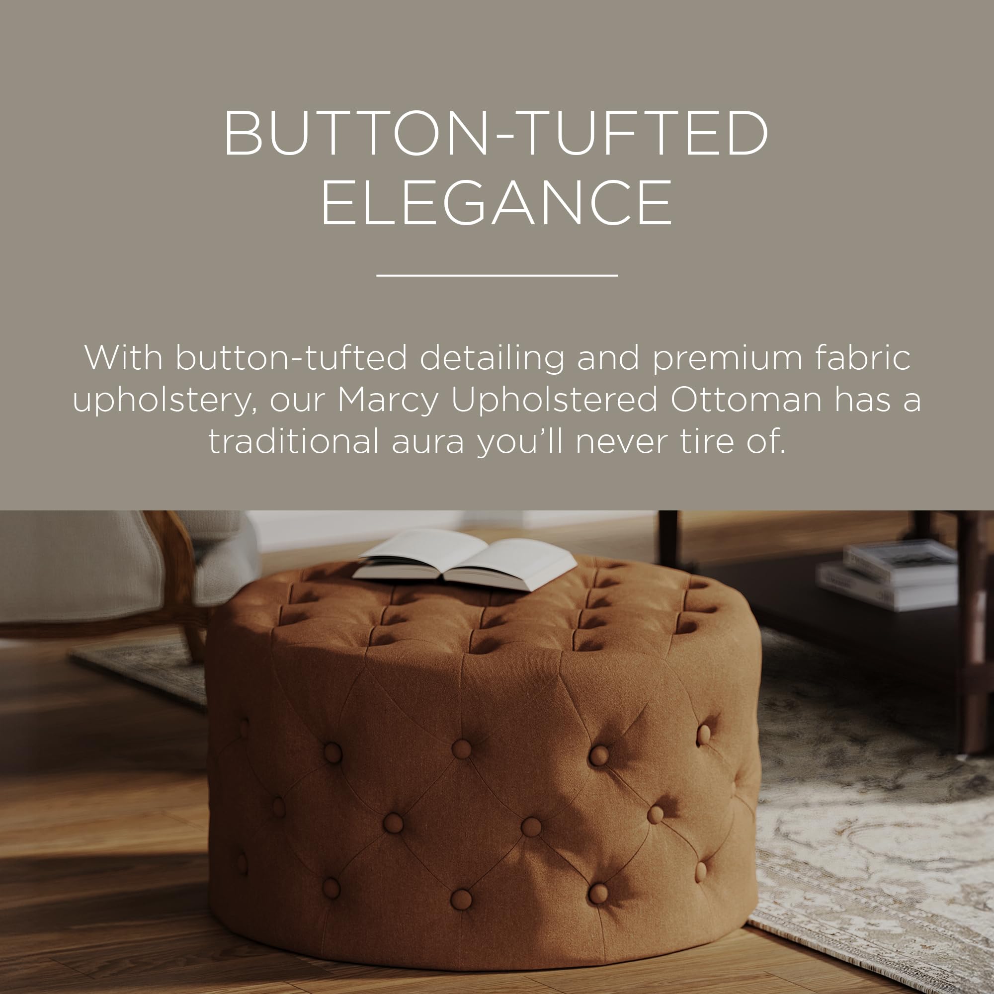 Maven Lane Marcy Traditional Large Round Ottoman with Cushioned Seat - Rustic Clay Fabric Upholstered Footrest for Living Room, Bedroom, or Dorm - Perfect for Relaxing, Extra Seating & Home Decor