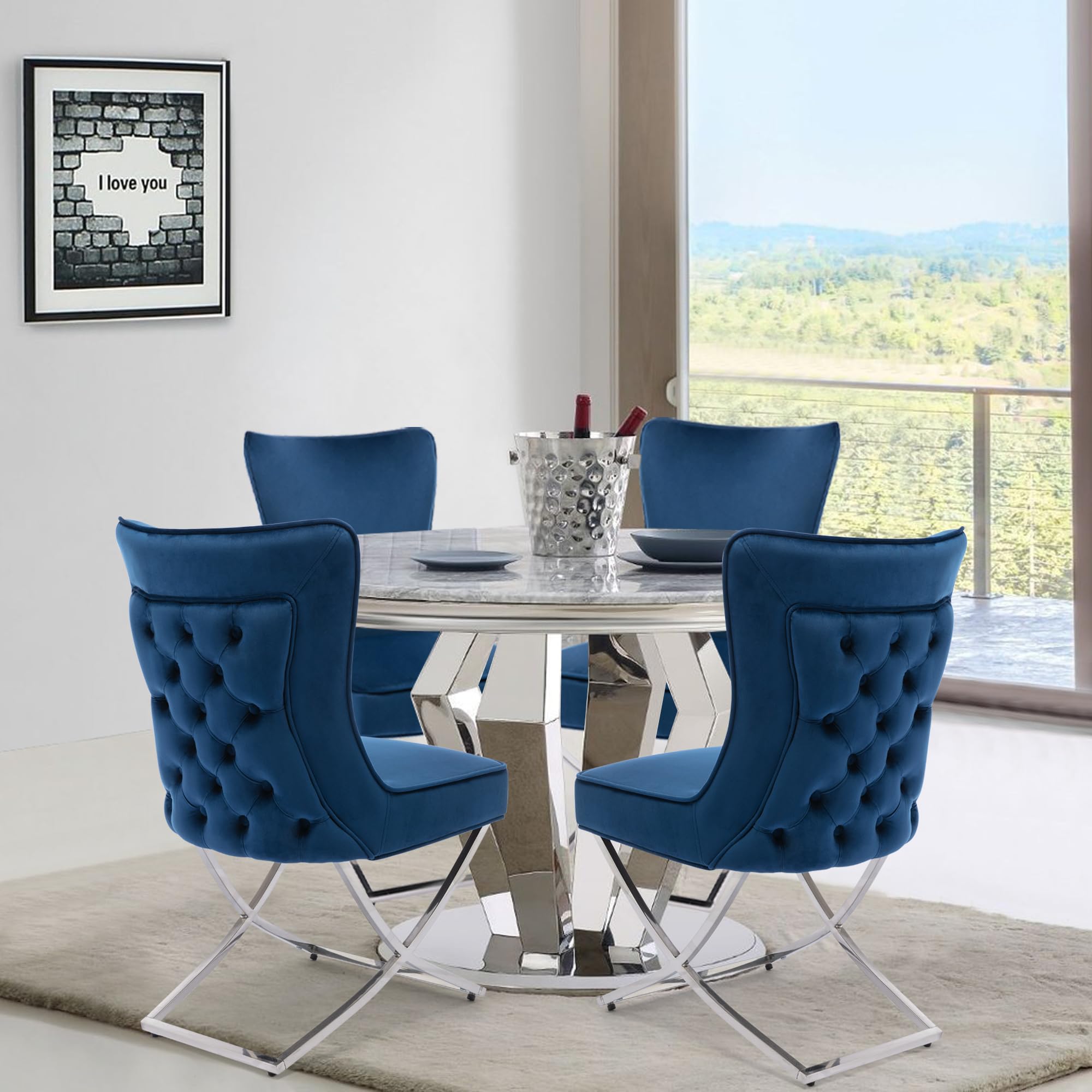 Modern Stainless Steel Legs Velvet Dining Chairs Set of 2 - Royal Blue Upholstered Button Tufted Back Chairs with Solid Piping | Elegant Dining Room Furniture for Home, Restaurant & Office Use