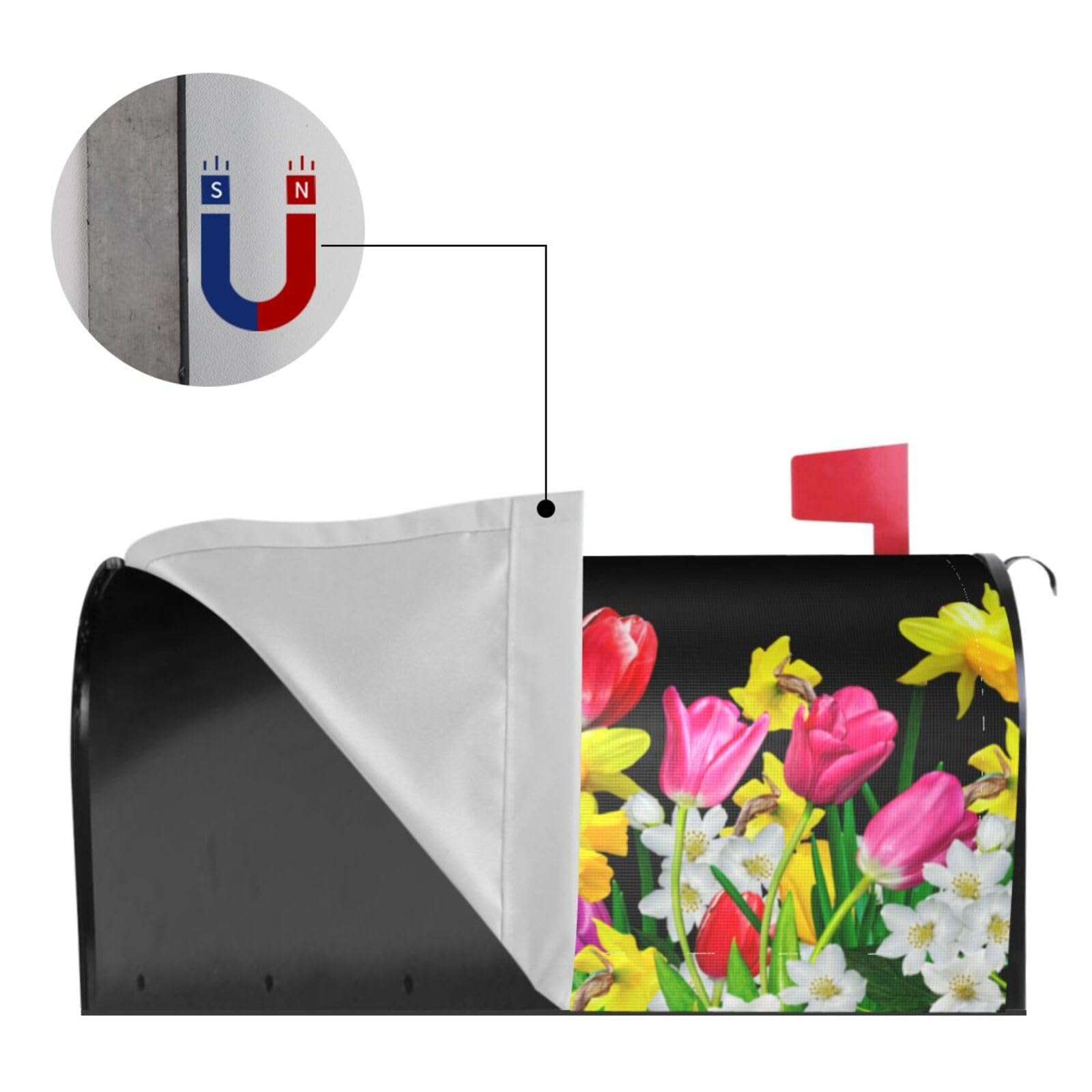 Waterproof Magnetic Mailbox Cover with Tulips Daffodils Daisy Floral Design - 21x18 Inch Spring Summer Decorative Mail Wrap for Outdoor Garden & Front Yard Decor