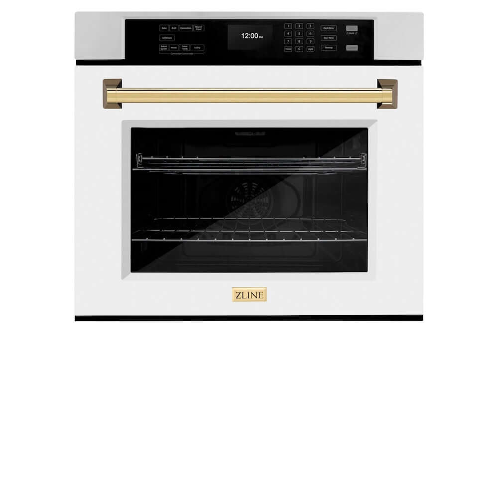 ZLINE Autograph Edition 30 Inch Stainless Steel Professional True Convection Single Wall Oven with Air Fry & Self-Clean - White Matte Door & Polished Gold Handle (WASZ WM 30 G) | Perfect for Modern Kitchens, Baking, Roasting & Air Frying