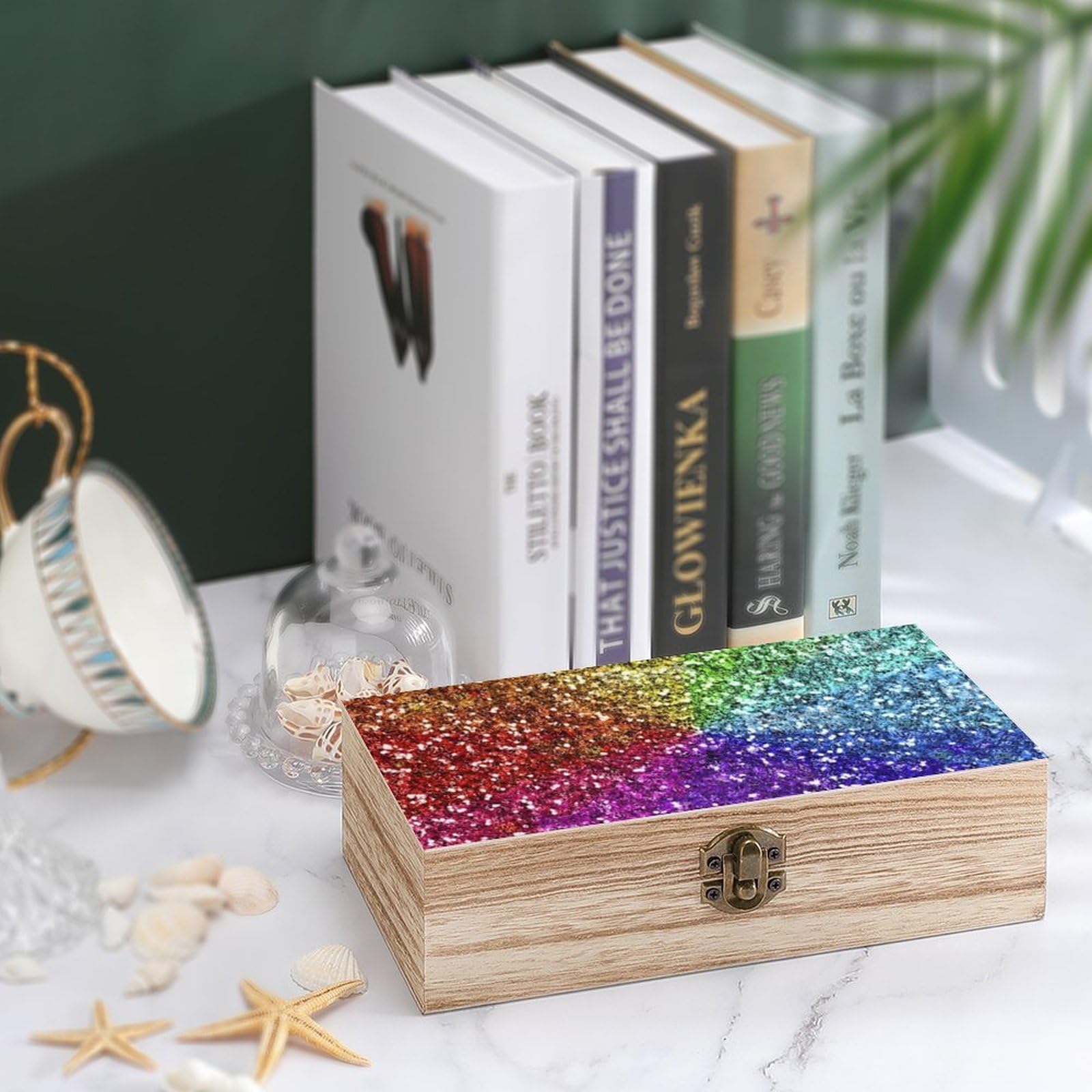 Rainbow Glitter Wooden Jewelry Box with Lock - Decorative Storage Organizer for Rings, Necklaces & Keepsakes | Perfect for Bedroom, Dresser & Gift Giving