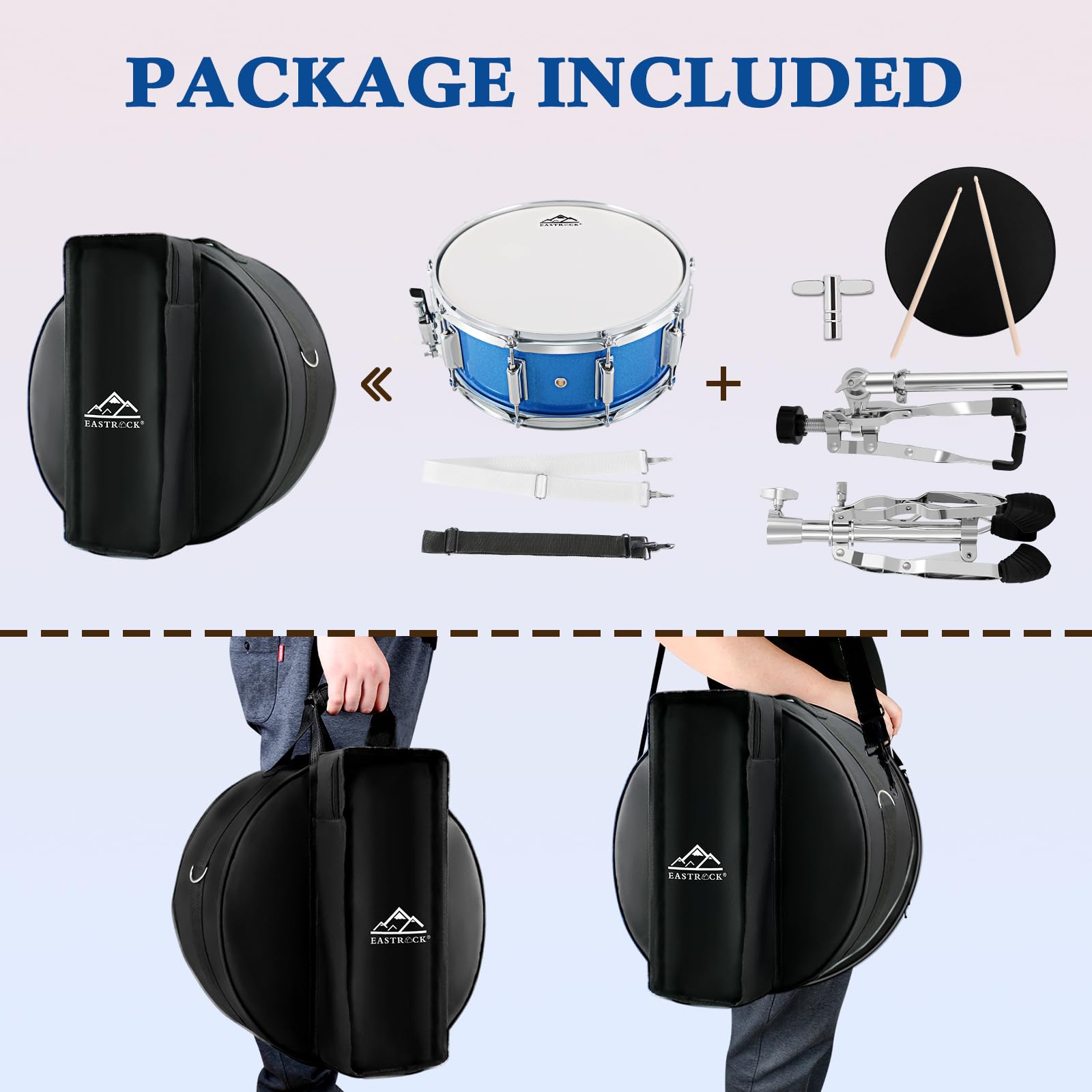 EASTROCK 14x5.5 Inch Snare Drum Set for Beginners - Includes Gig Bag, Drumsticks, Stand, Drum Keys & Coated Drum Head - Blue - Perfect for School Band, Practice & Live Performances
