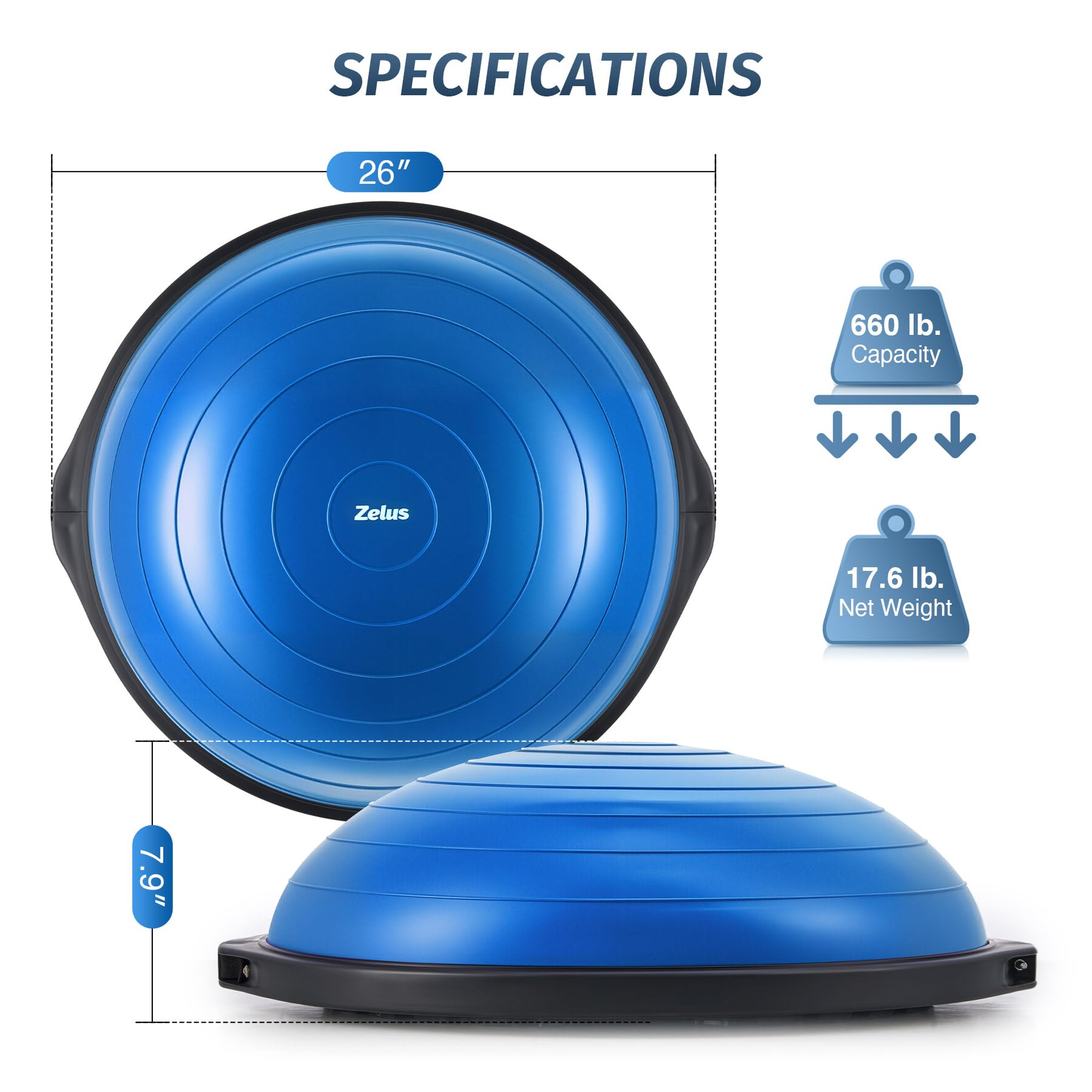 ZELUS 25 Inch Balance Ball - 660lb Capacity Inflatable Half Exercise Ball with Non-Slip Base | Wobble Board Balance Trainer for Core Strength & Stability | Includes 2 Resistance Bands, Pump & Extra Ball | Perfect for Yoga, Pilates, Home Gym & Physical Therapy Workouts
