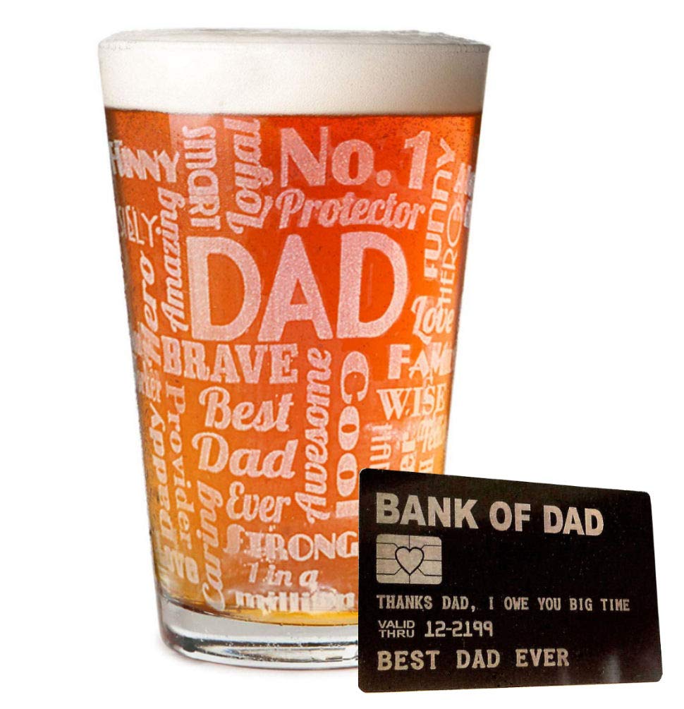 Personalized Dad Beer Glass with Engraved 'Bank of Dad' Wallet Card - 16oz Custom Pub Glass Gift Set for Father's Day, Birthday & Retirement - Perfect for Dads Who Love Whiskey, Beer & Special Occasions