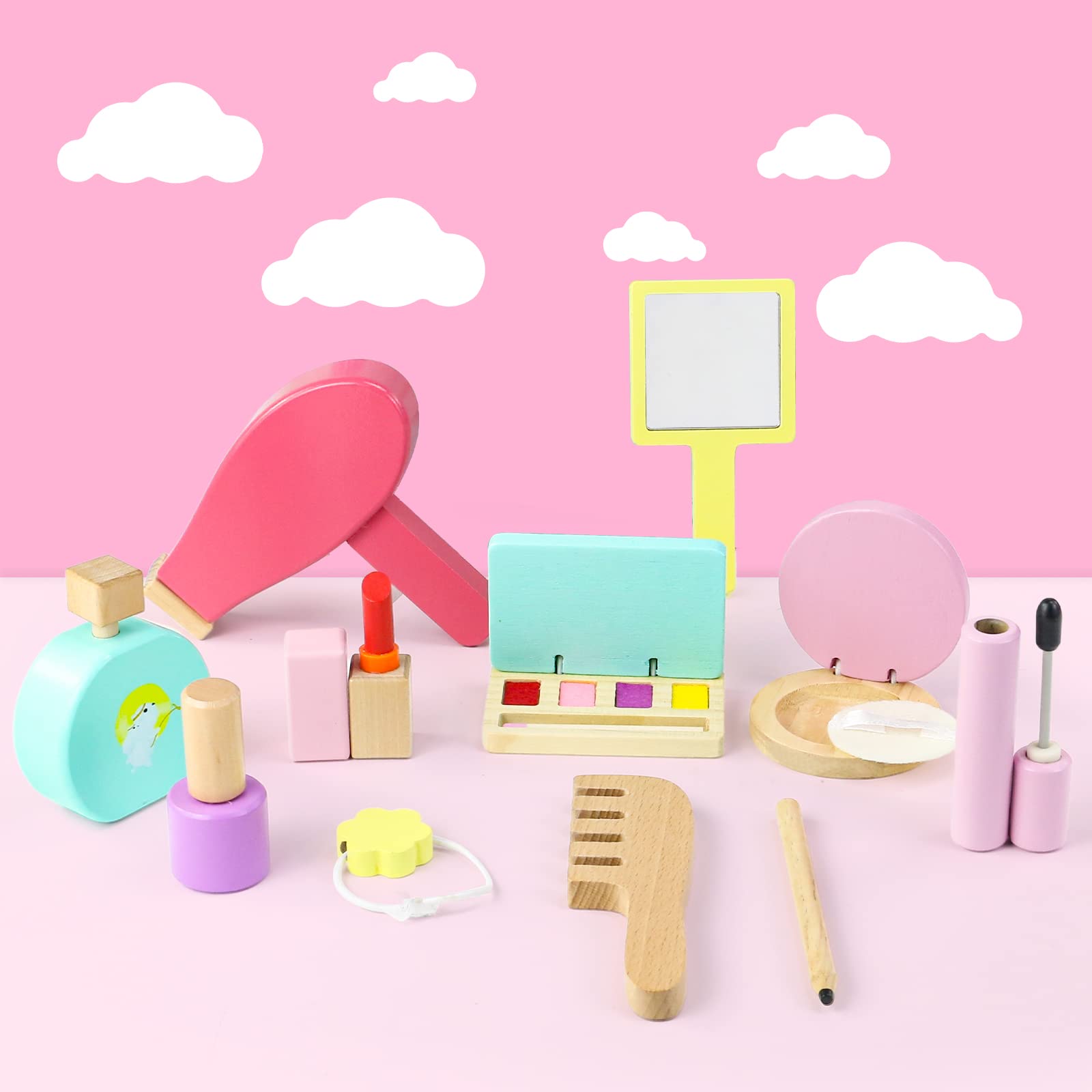 Jerryvon Kids Makeup Toy Set - 16pcs Wooden Cosmetic Role Play for Girls & Boys 3-5 Years, Easter Gift for Pretend Play