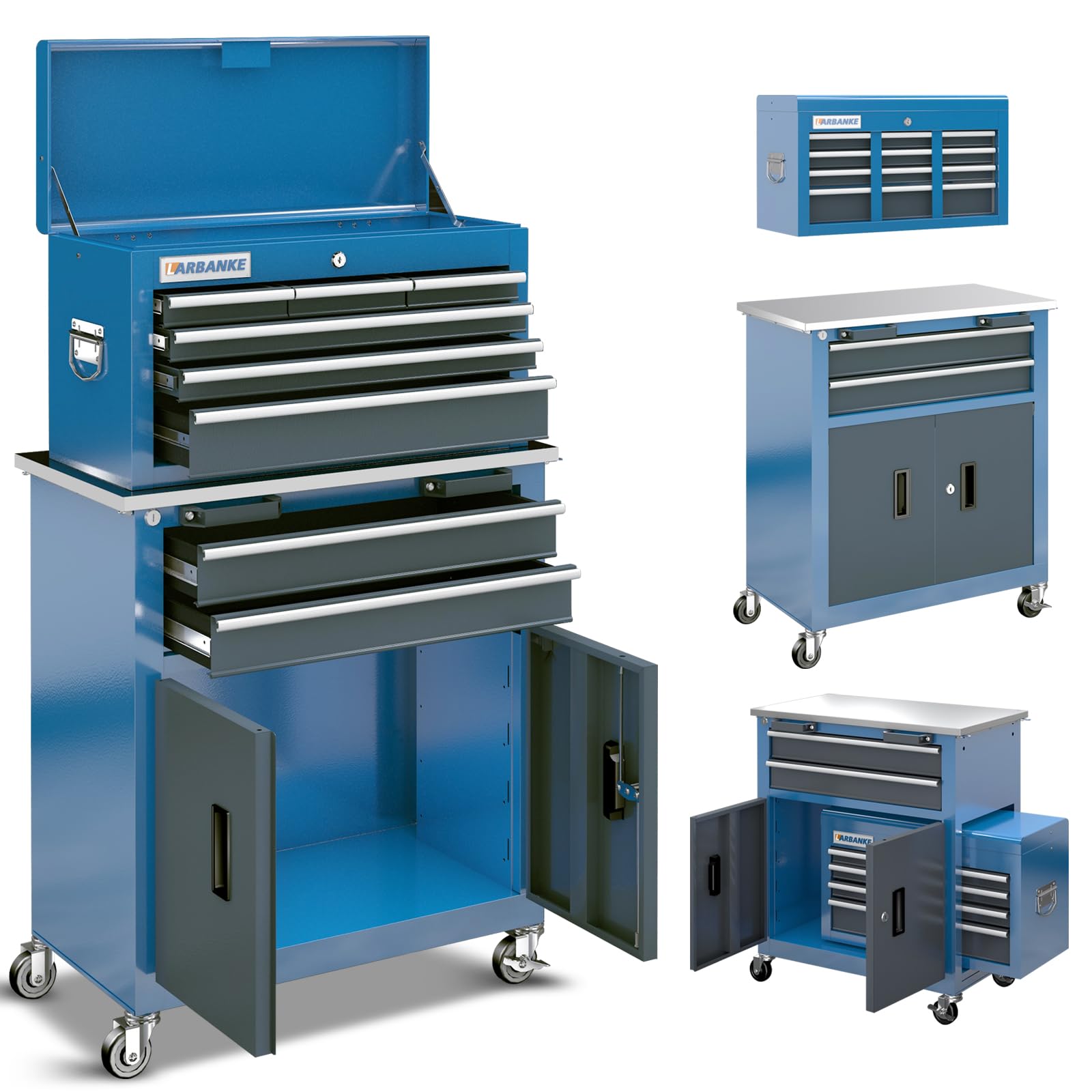 8-Drawer Rolling Tool Chest with Wheels & Locking Door, Sliding Drawers & Stainless Steel Work Surface - Heavy Duty Garage Workbench for Mechanics & DIY Projects - Perfect for Workshop Organization & Automotive Repair