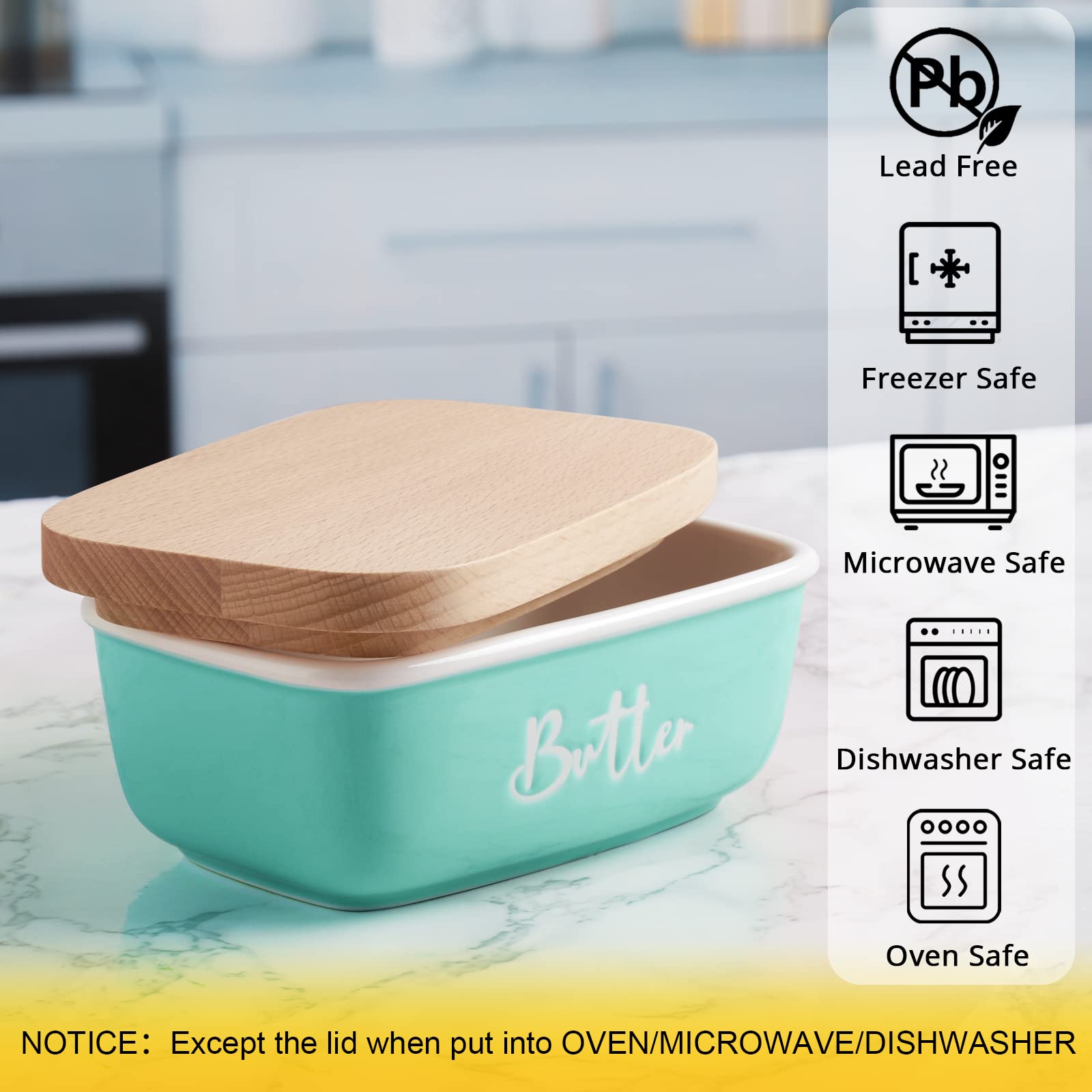 ALELION Turquoise Ceramic Butter Dish with Lid - Airtight Butter Keeper Container with Thick Beech Wood Cover - Modern Farmhouse Kitchen Decor for Countertop - Perfect for Dining Table, Breakfast Nook & Farmhouse Style Kitchens