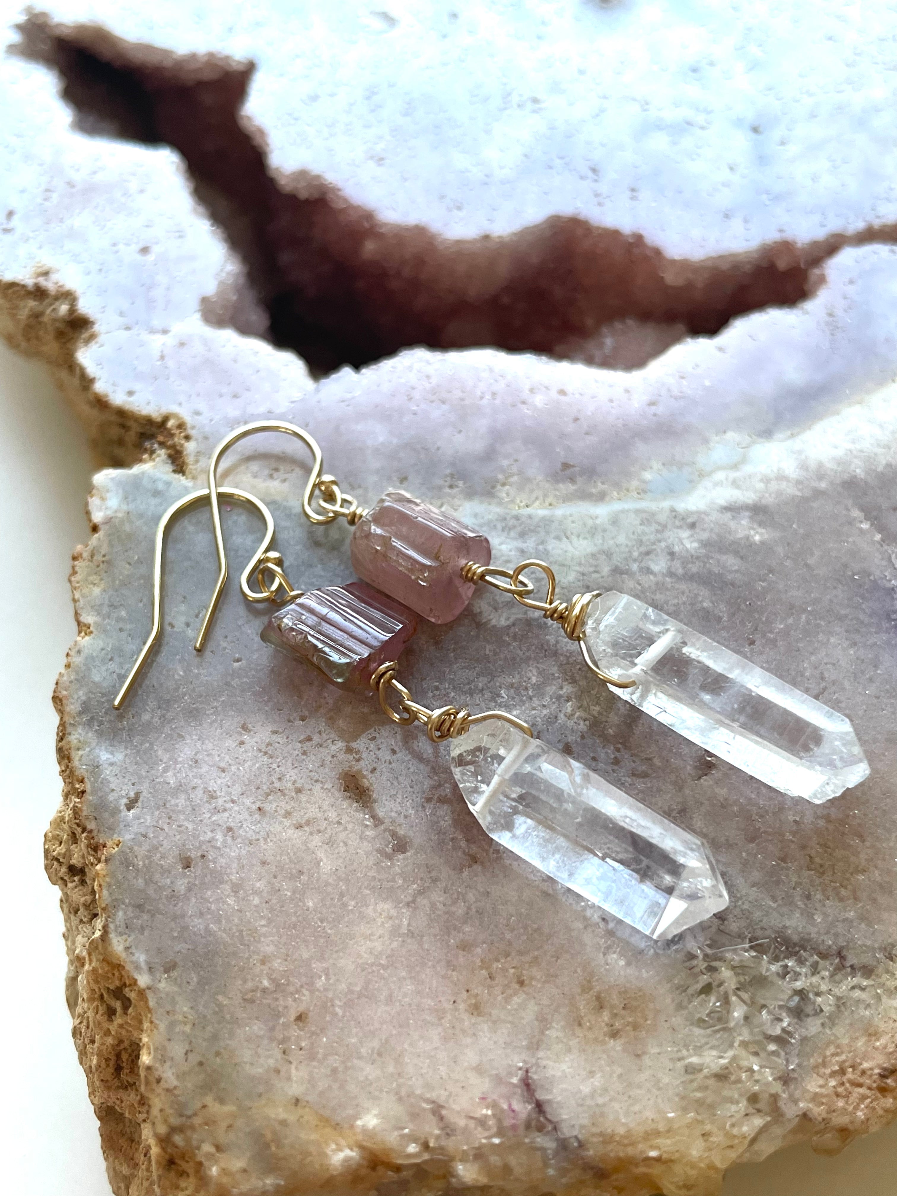 Pink Tourmaline & Clear Quartz Crystal Earrings in Gold Fill - Elegant Boho Jewelry for Women, Gift for Her, Wedding & Party Accessories