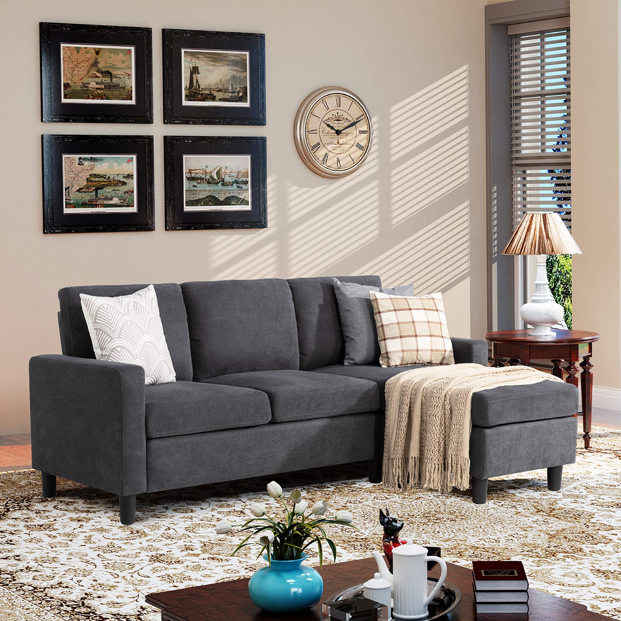 Walsunny Convertible Sectional Sofa with Reversible Chaise - Modern L-Shaped Couch in Dark Grey Linen Fabric for Small Spaces | Perfect for Apartments, Living Rooms & Home Offices