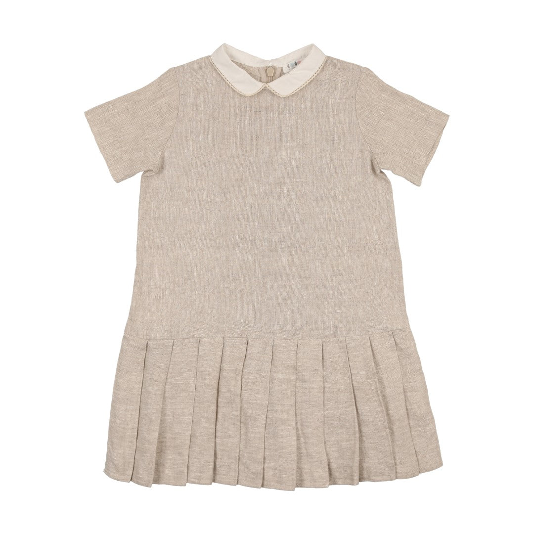Coco Blanc Short Sleeve Drop Pleat Linen Dress in Sand Color | Casual Summer Beach Dress for Women | Perfect for Vacations, Brunch & Outdoor Events