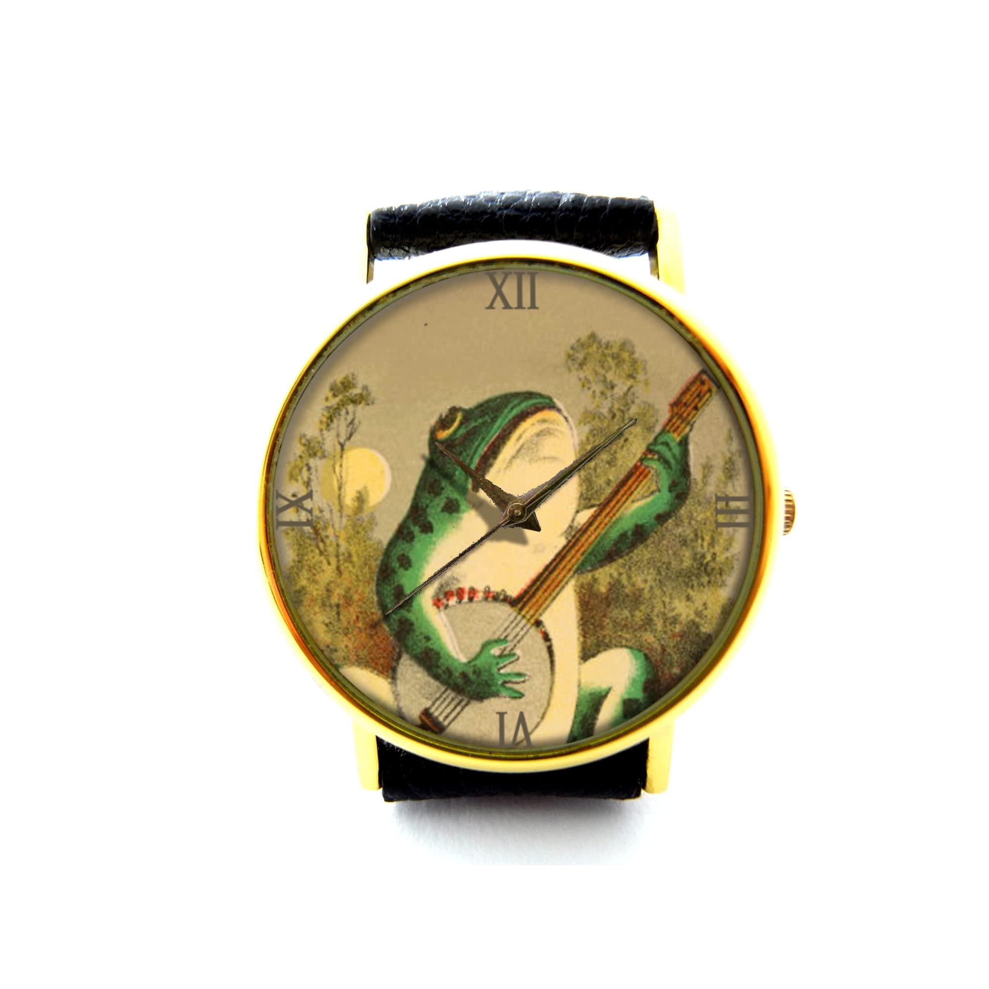 Handmade Genuine Leather Watch Bracelet with Frog Playing Guitar Design - Stylish Unisex Wristwatch P238 for Casual Wear & Gift Giving