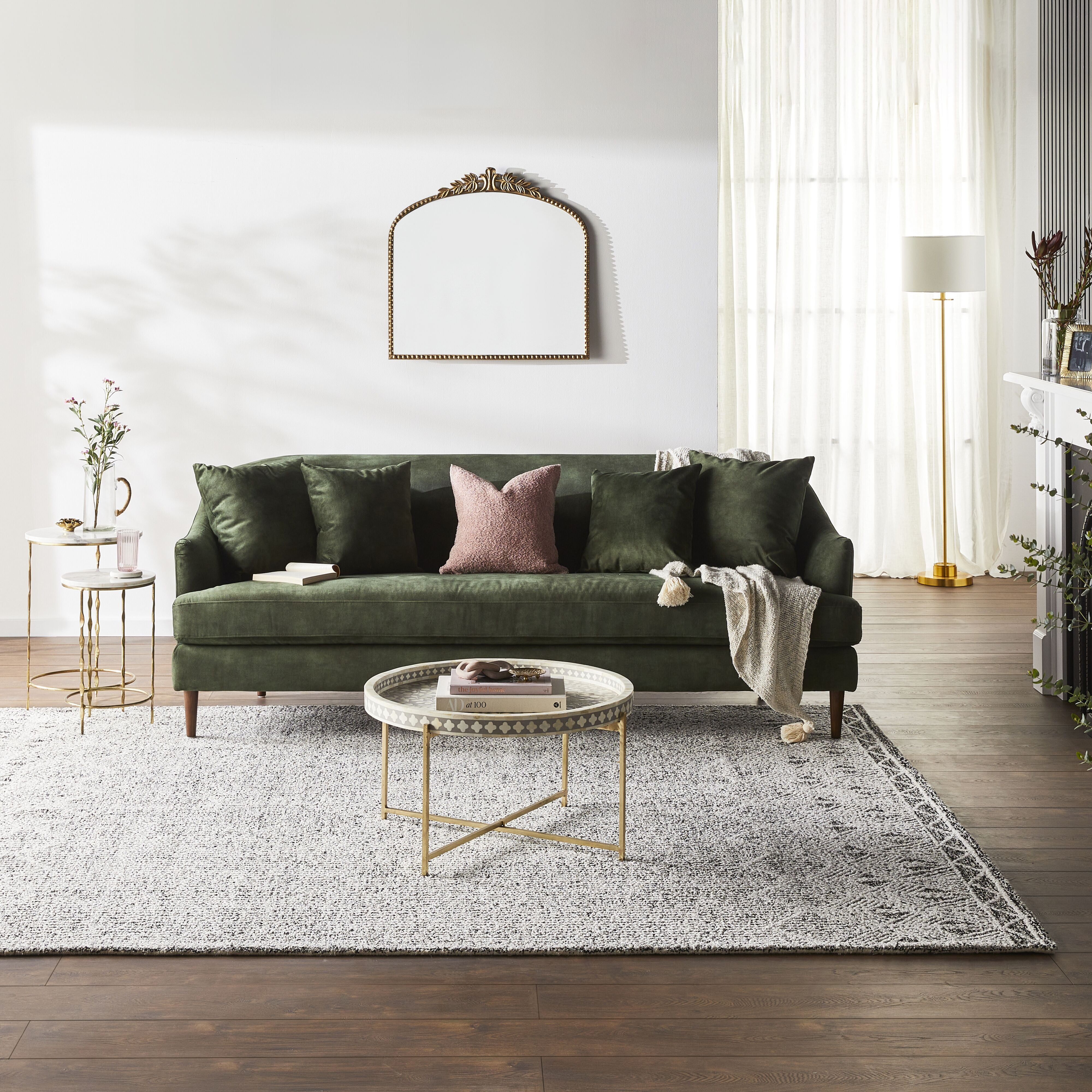 Elegant Bone Inlay Round Coffee Table with Gold Frame - 30 Inch Grey Modern Center Table for Living Room, Lounge & Office Decor