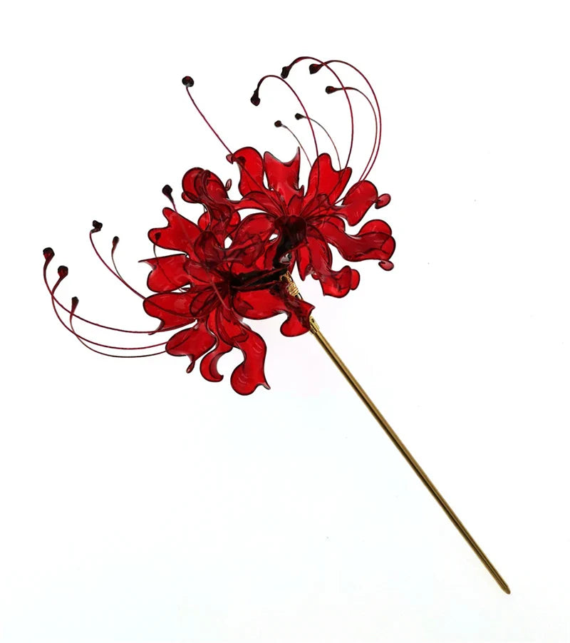 Handmade Lycoris Radiata Flower Hairpin - Japanese Kanzashi Hair Stick for Kimono, Cosplay & Traditional Hairstyles - Elegant Hair Accessory for Women & Girls - Perfect for Weddings, Tea Ceremonies & Cultural Events