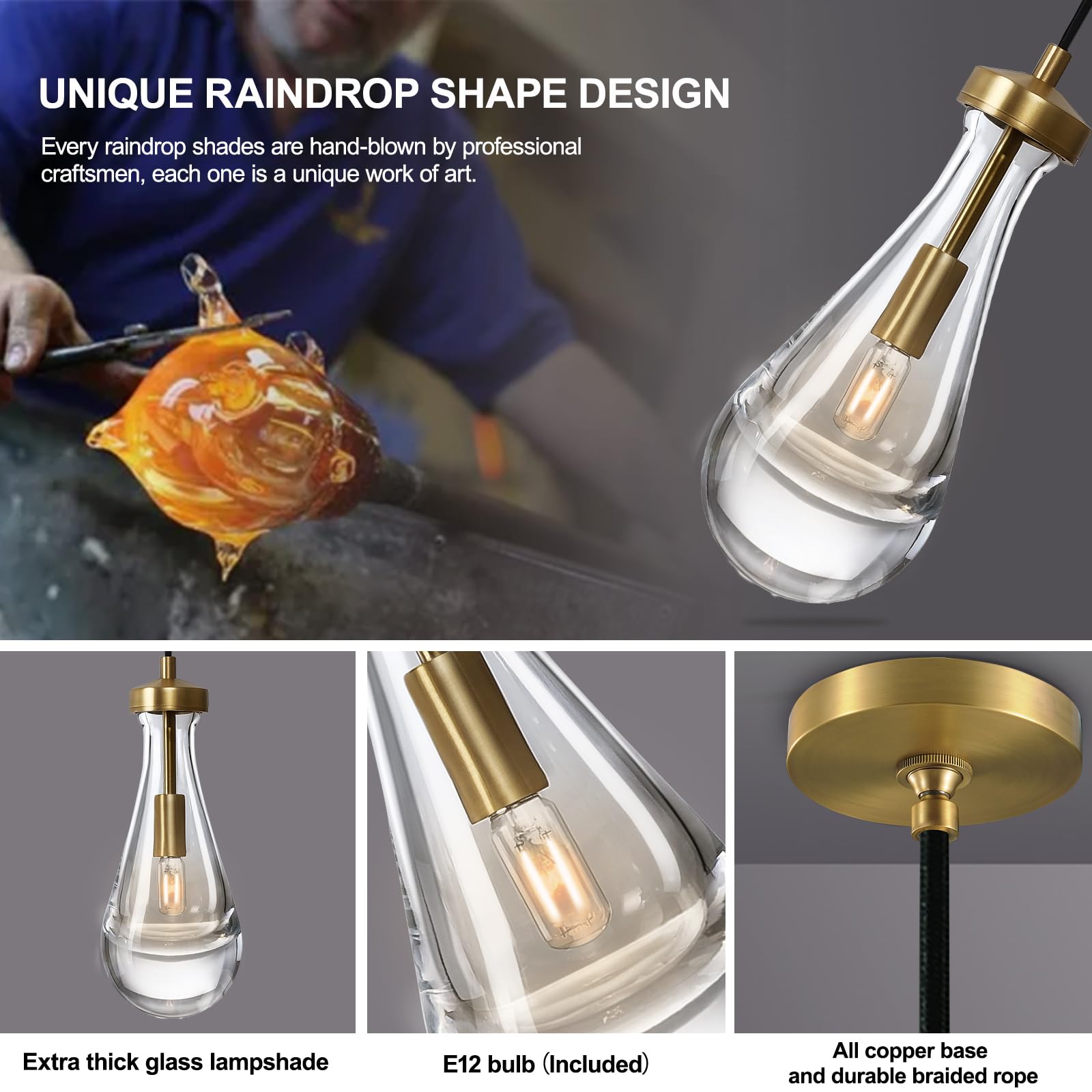 Modern Brass Pendant Light Fixtures Set of 2 with Raindrop Glass, Kitchen Island Lighting, Dining Room Chandelier for Porch, Living Room, Dining Table, E12 LED Bulb, Perfect for Farmhouse, Cafe, and Bedroom Decor