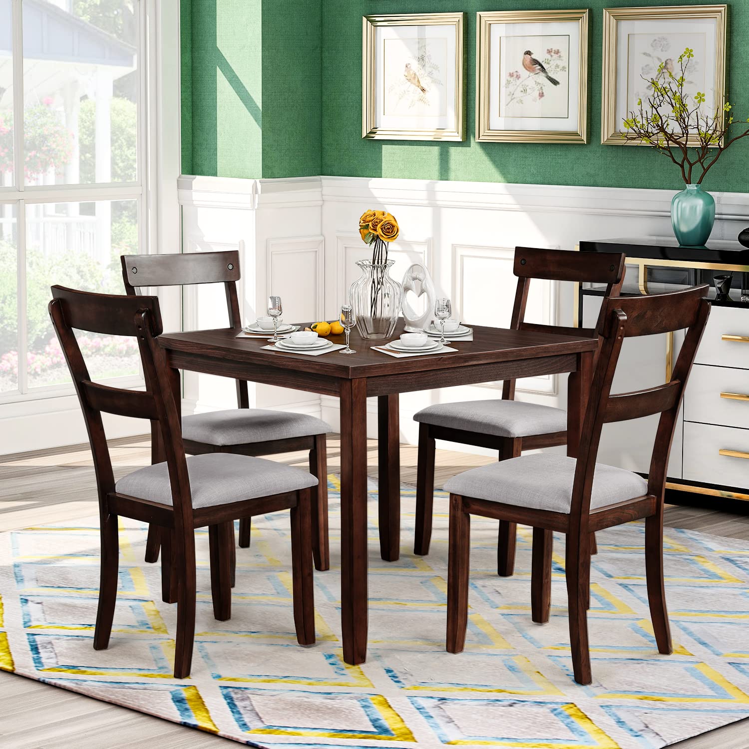 5-Piece Industrial Wooden Dining Table Set with 4 Upholstered Chairs - Espresso Finish Square Kitchen Table for 4 - Perfect for Small Spaces, Breakfast Nooks & Modern Farmhouse Dining Rooms