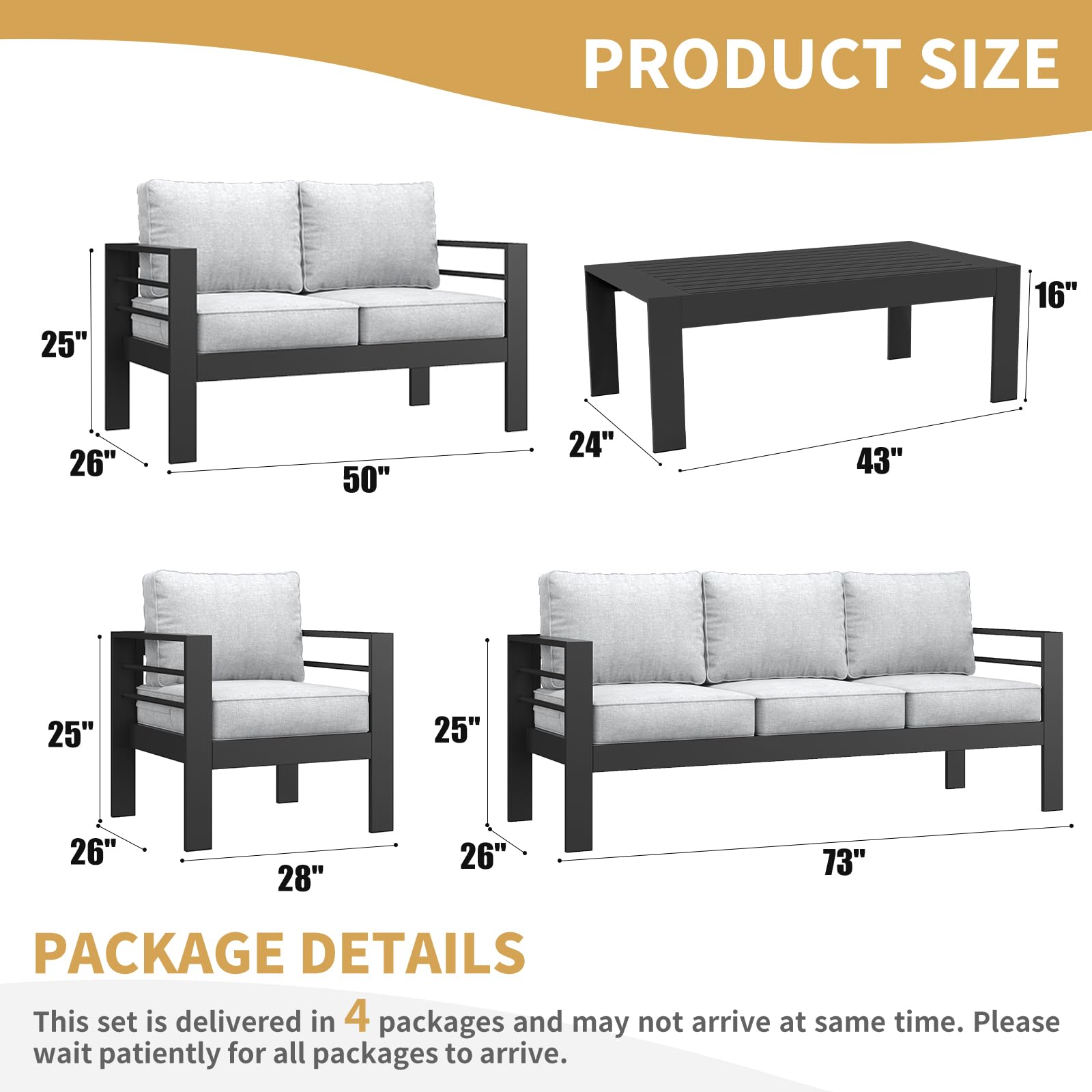 LayinSun 5-Piece Outdoor Aluminum Patio Furniture Set - Modern Sectional Conversation Sofa with Coffee Table for Garden, Backyard, and Poolside Relaxation