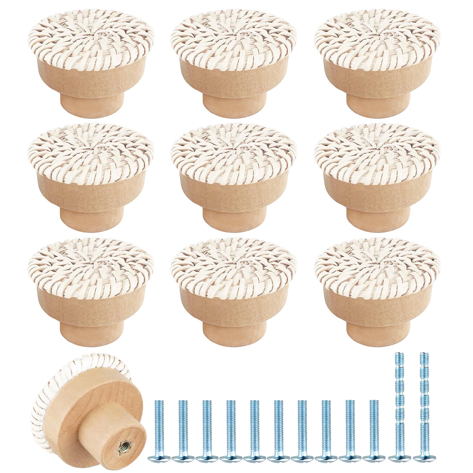 Boho Rattan Drawer Knobs - 10pcs Handmade Wicker Cabinet Handles for Boho Furniture & Home Decor