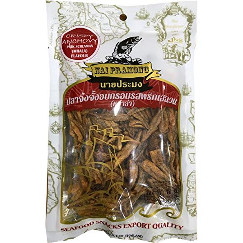 Nai Pramong Crispy Anchovy Snacks - Prik Schenwan (Mhala) Flavor, 70g x 2 Packs | Spicy Seafood Snack for Parties, Office Snacking & Asian Food Lovers