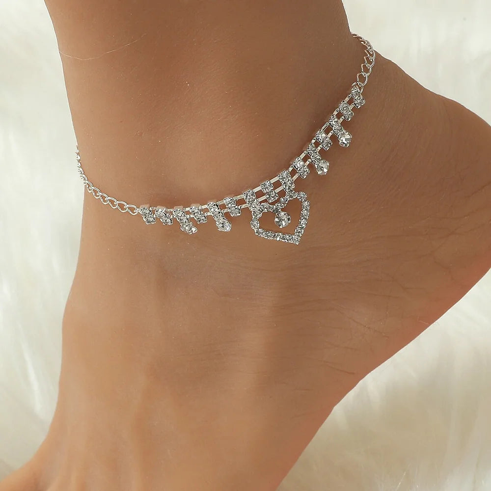 Sparkling Rhinestone Heart Pearl Anklet Chain Bracelet for Women - Elegant Adjustable Ankle Bracelet Jewelry Gift | Perfect for Weddings, Beach Parties & Summer Fashion (Style X2103)