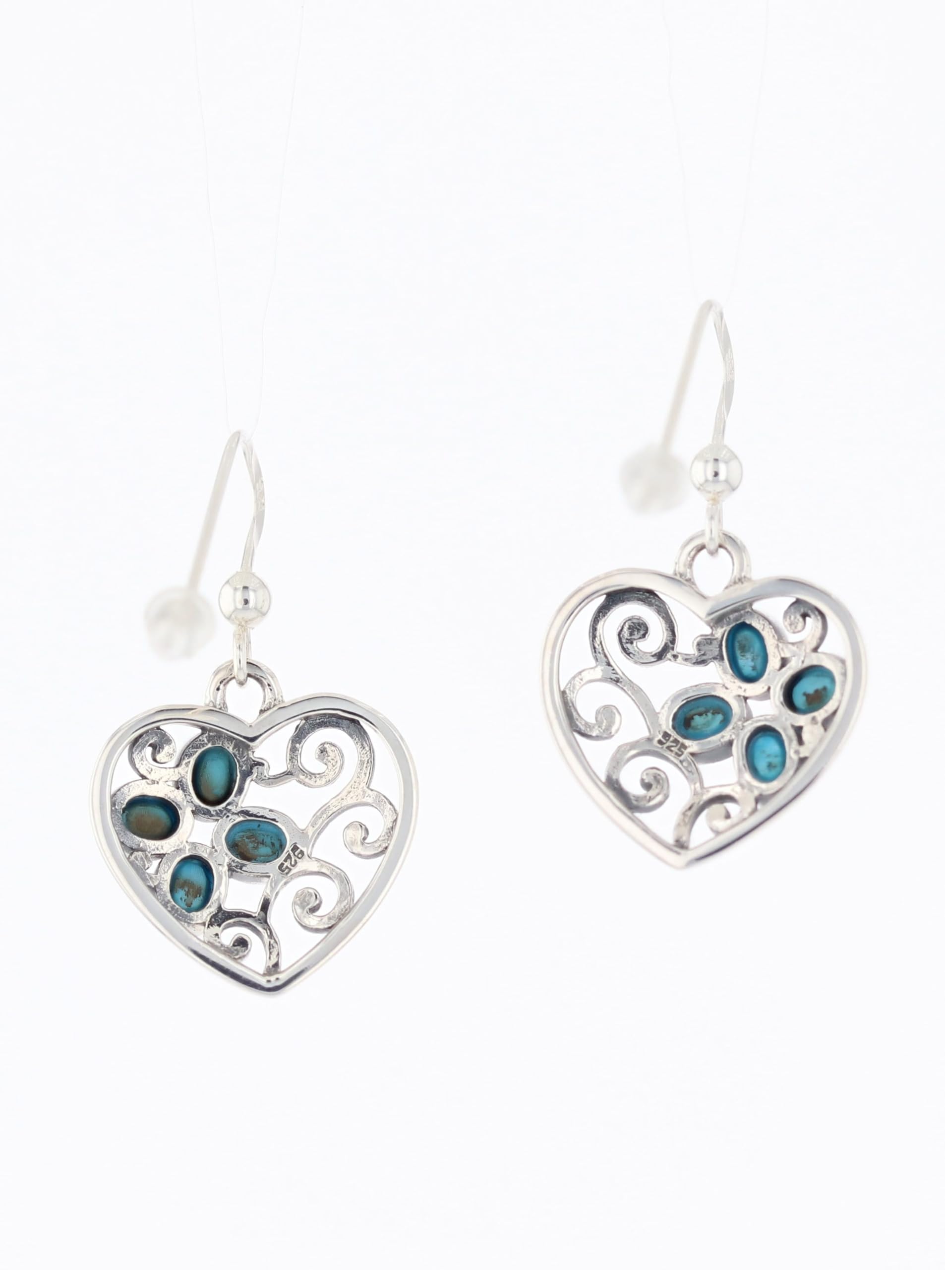 Filigree Heart Created Turquoise Sterling Silver Dangle Earrings for Women | Handmade Bohemian Jewelry | Perfect for Weddings, Date Nights & Special Occasions