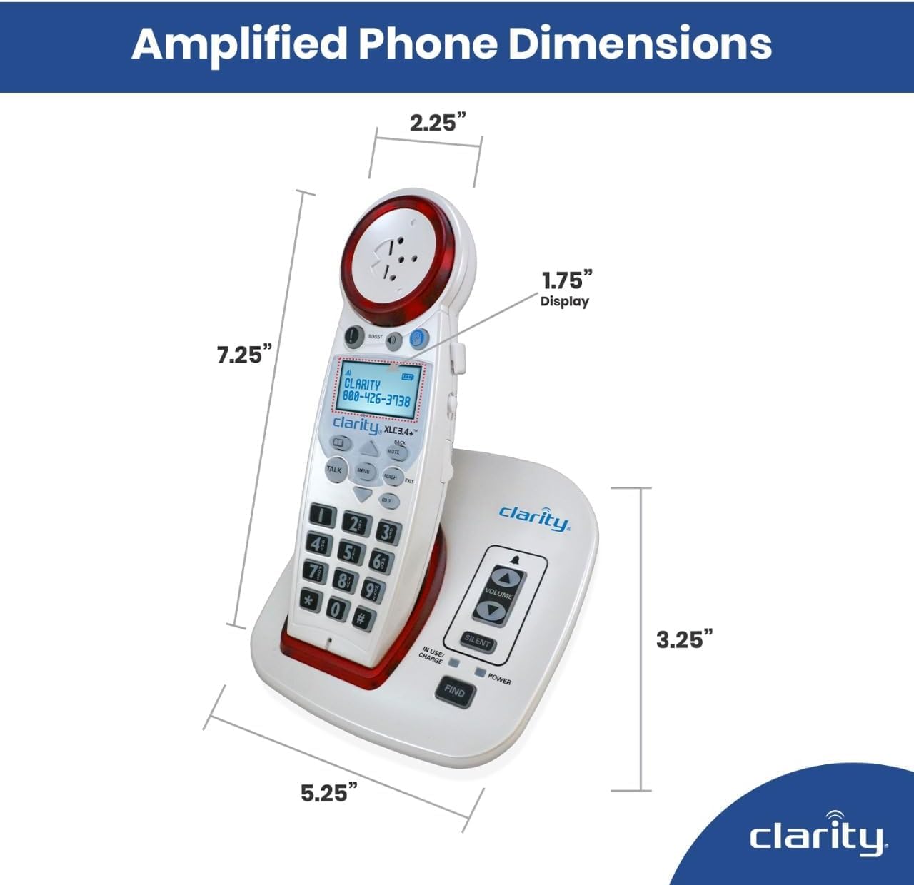 Clarity XLC3.4+ Amplified Cordless Phone for Seniors & Hearing Impaired - 50dB Loud Sound, Talking Caller ID, Big Buttons | Home & Office Use for Elderly with Hearing Loss