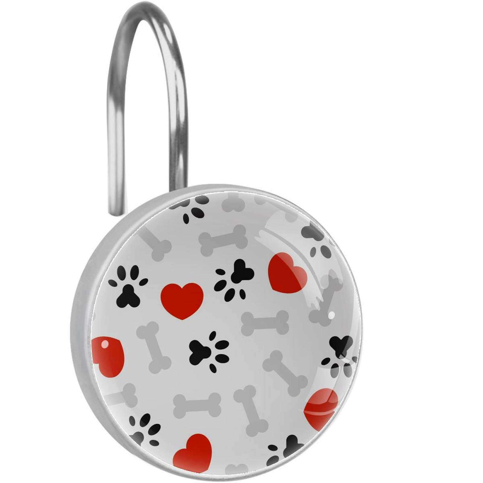 Rustproof Decorative Shower Curtain Hooks - Set of 12, 1.45x1.45 Inch, Grey Bone Brown with Paw Print & Red Heart Design - Perfect for Bathroom, Kids Room, Pet-Themed Decor & Gift Ideas