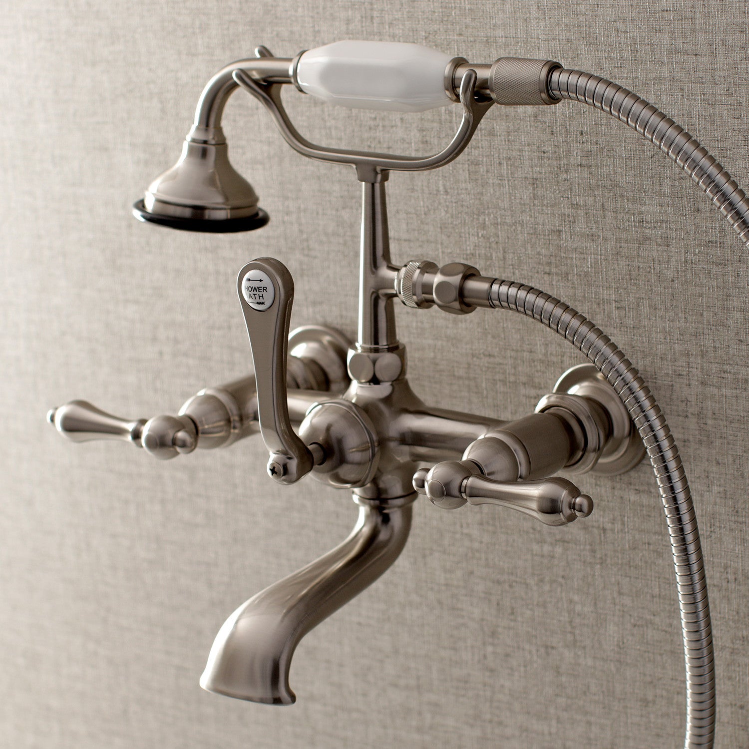 Vintage Style Aqua AE551T8 3-Handle Wall Mount Clawfoot Bathtub Faucet with Hand Shower in Brushed Nickel - Perfect for Classic Bathroom Renovations & Spa-Like Showers