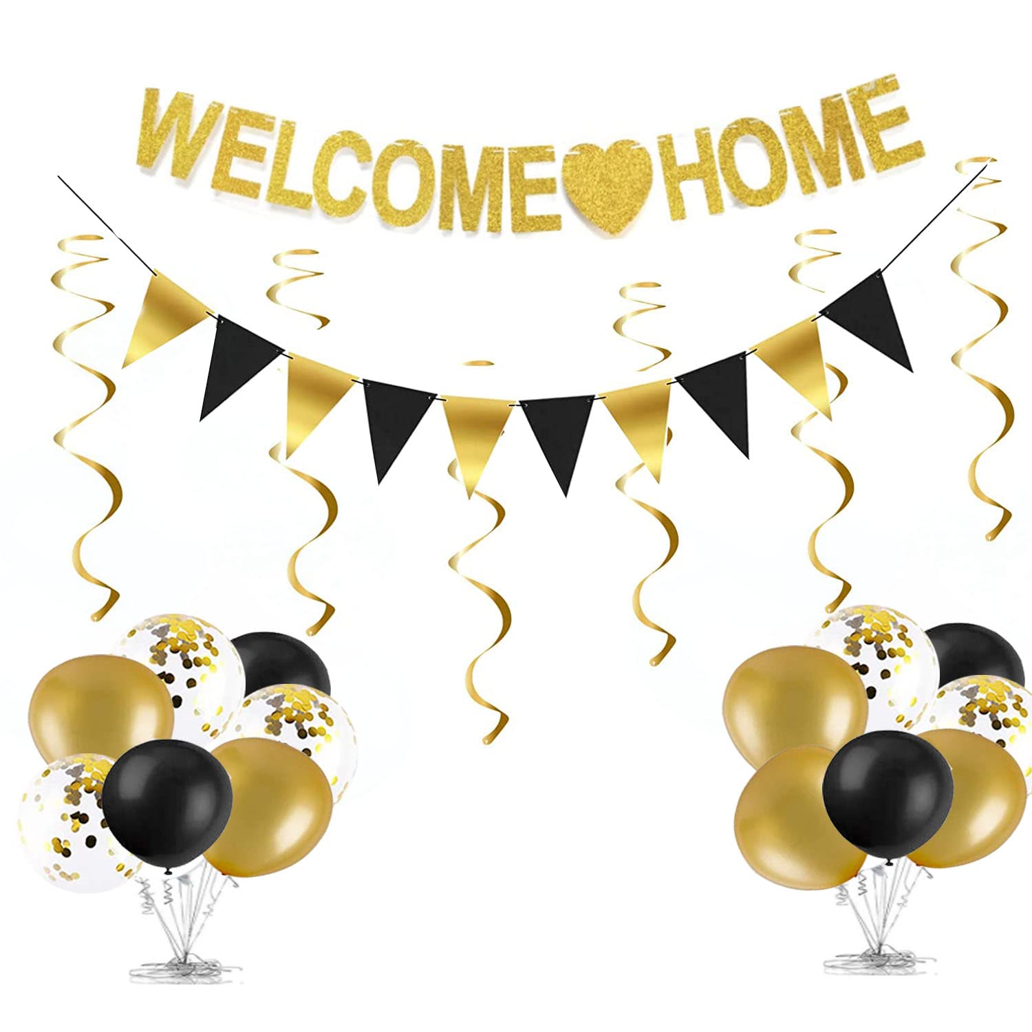 Gold Welcome Home Banner & Decorations - Military Deployment Homecoming Party Supplies, Triangle Flag Banner with Spiral Balloons for Family Reunion & Return Celebrations - Perfect for Home Decor, Family Gatherings & Special Occasions