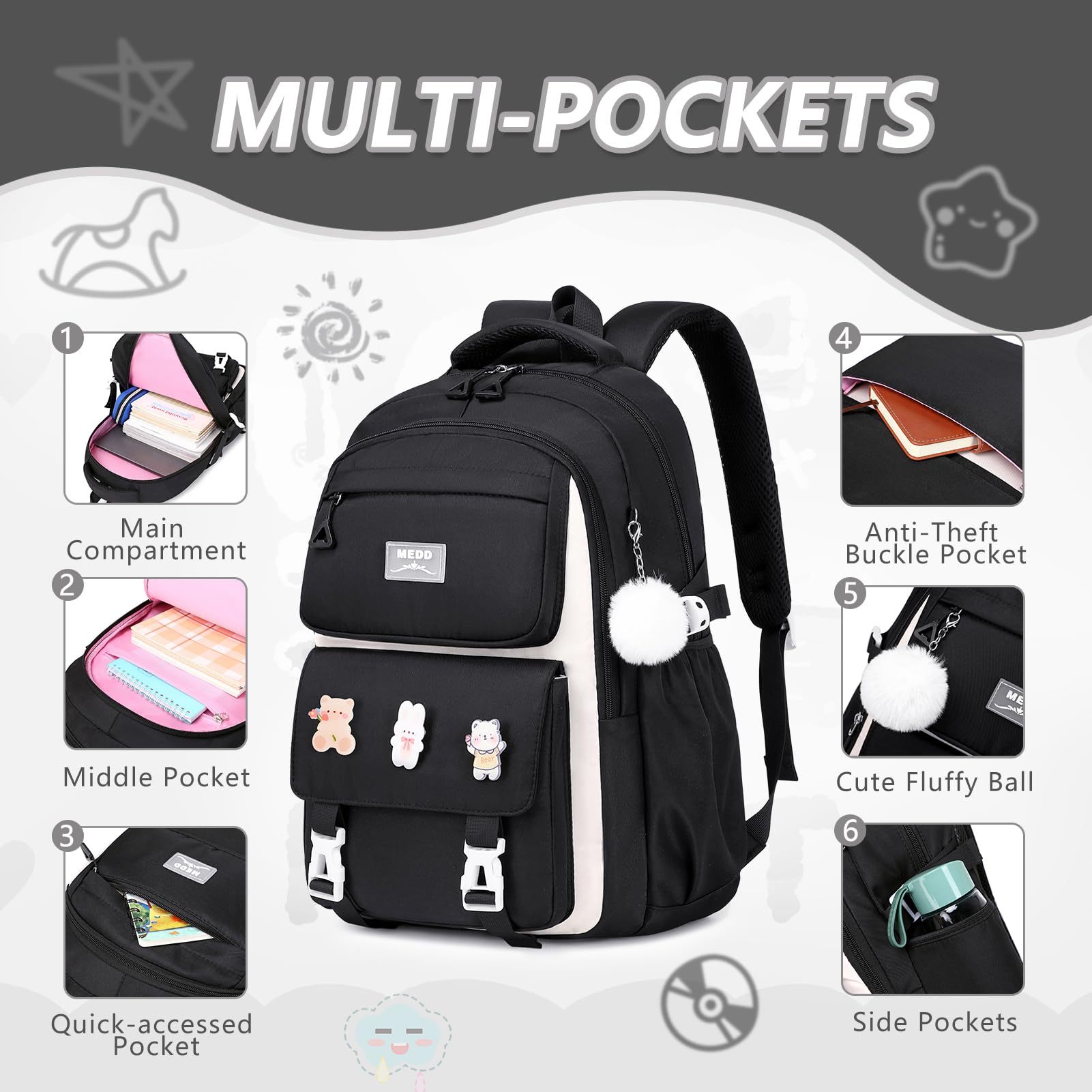 GeeWin Waterproof Stylish Backpack for Girls - School Bookbag for Teens, Kids & Women - Durable Travel Backpack with Pencil Case - Perfect for Elementary, Middle School & College Students (Black) - Ideal for Daily School Use, Weekend Trips & Outdoor Adventures