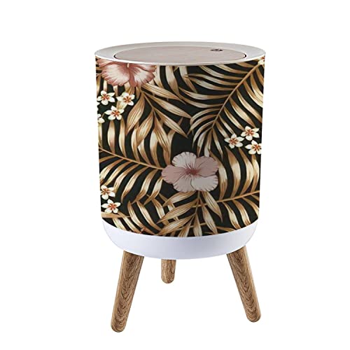 Exotic Flowers Hibiscus & Frangipani Plumeria Golden Palm Leaves Small Plastic Trash Can - Press Top Lid, Dog Proof Waste Basket for Kitchen, Bathroom, Bedroom & Office - Perfect for Recycling & Home Decor