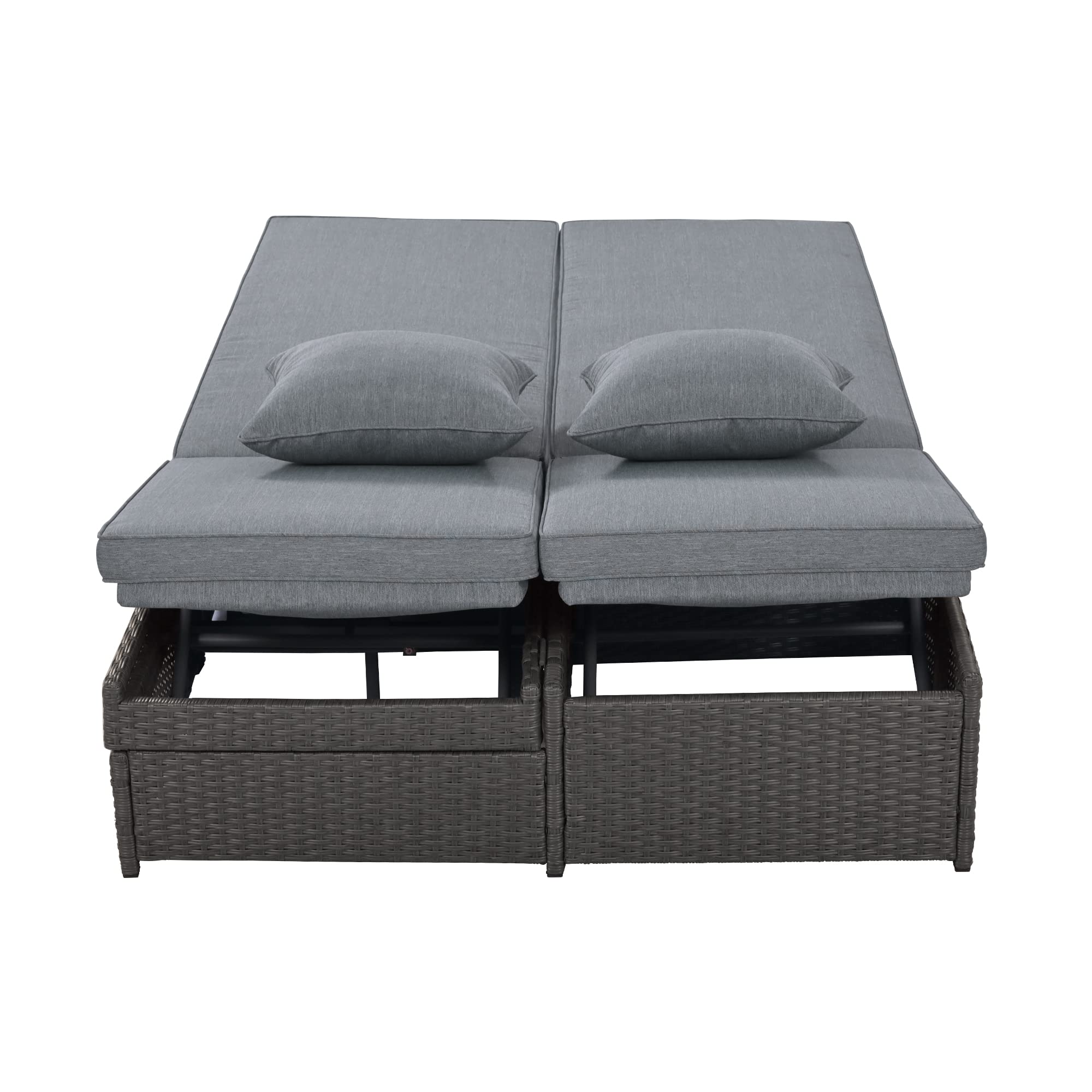 Outdoor PE Rattan Double Reclining Daybed with Adjustable Backrest & Cup Holder - All-Weather Patio Sun Lounger with Thick Cushions & Pillows for 2 People (Gray) - Perfect for Poolside Relaxation, Garden Lounging & Backyard Conversations